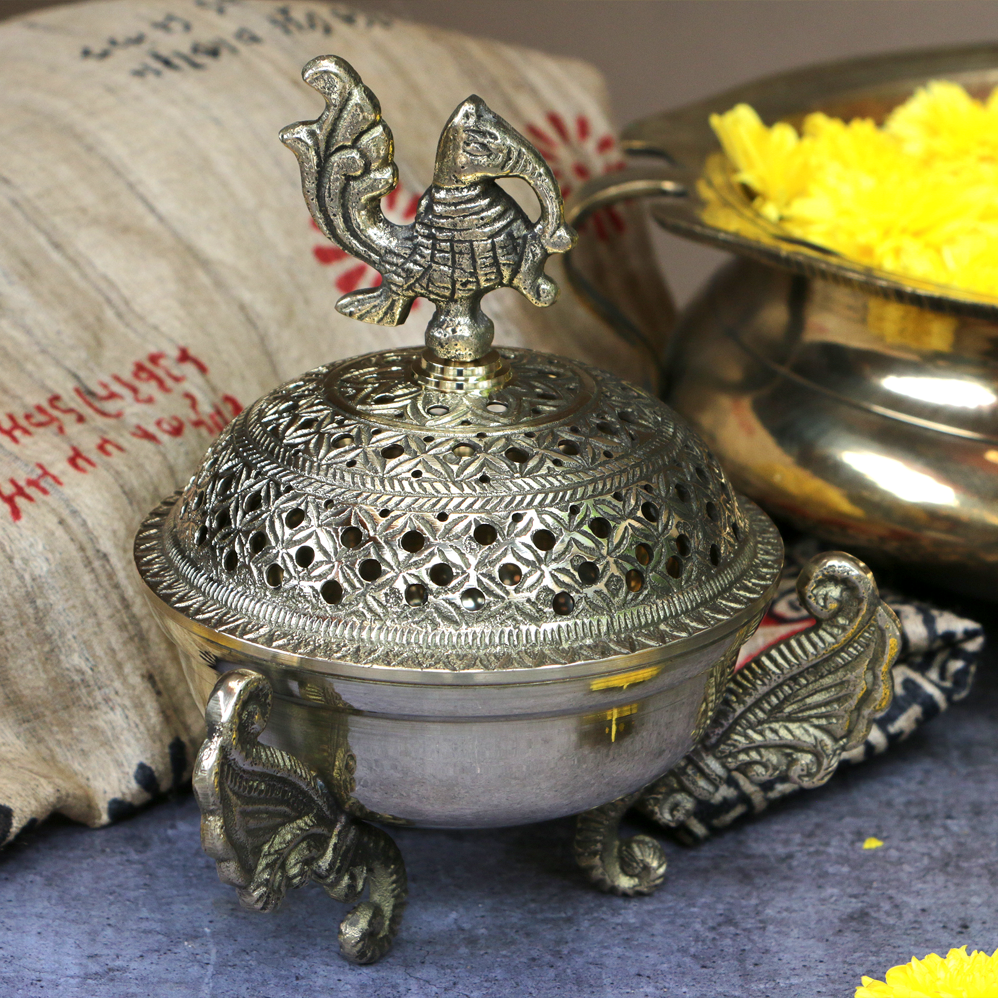 3 Legged Peacock Top Pure Brass Dhuni Loban Sambrani Incense Burner