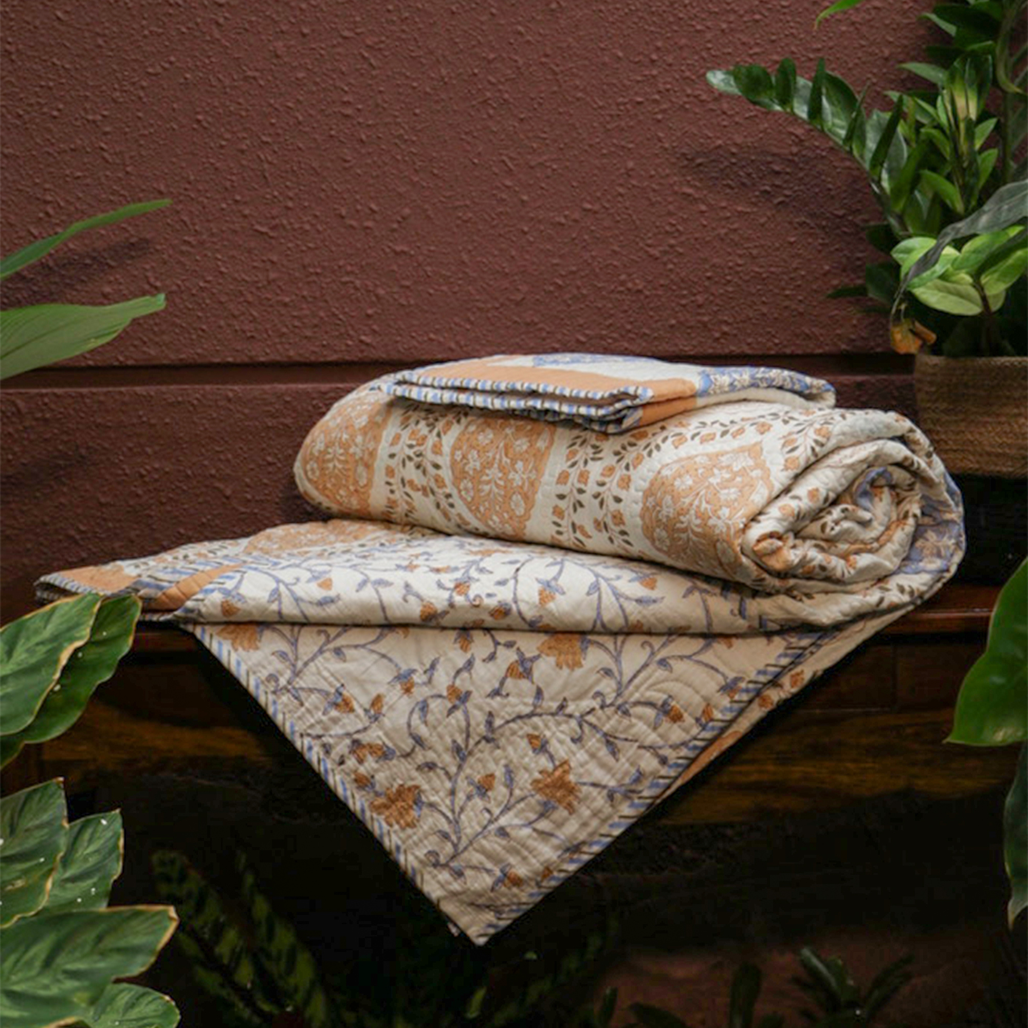 Blue Brown Hand Block Printed Jaipuri Quilted Bed Cover with 2 Pillow Covers- Double - 108X108 Inches