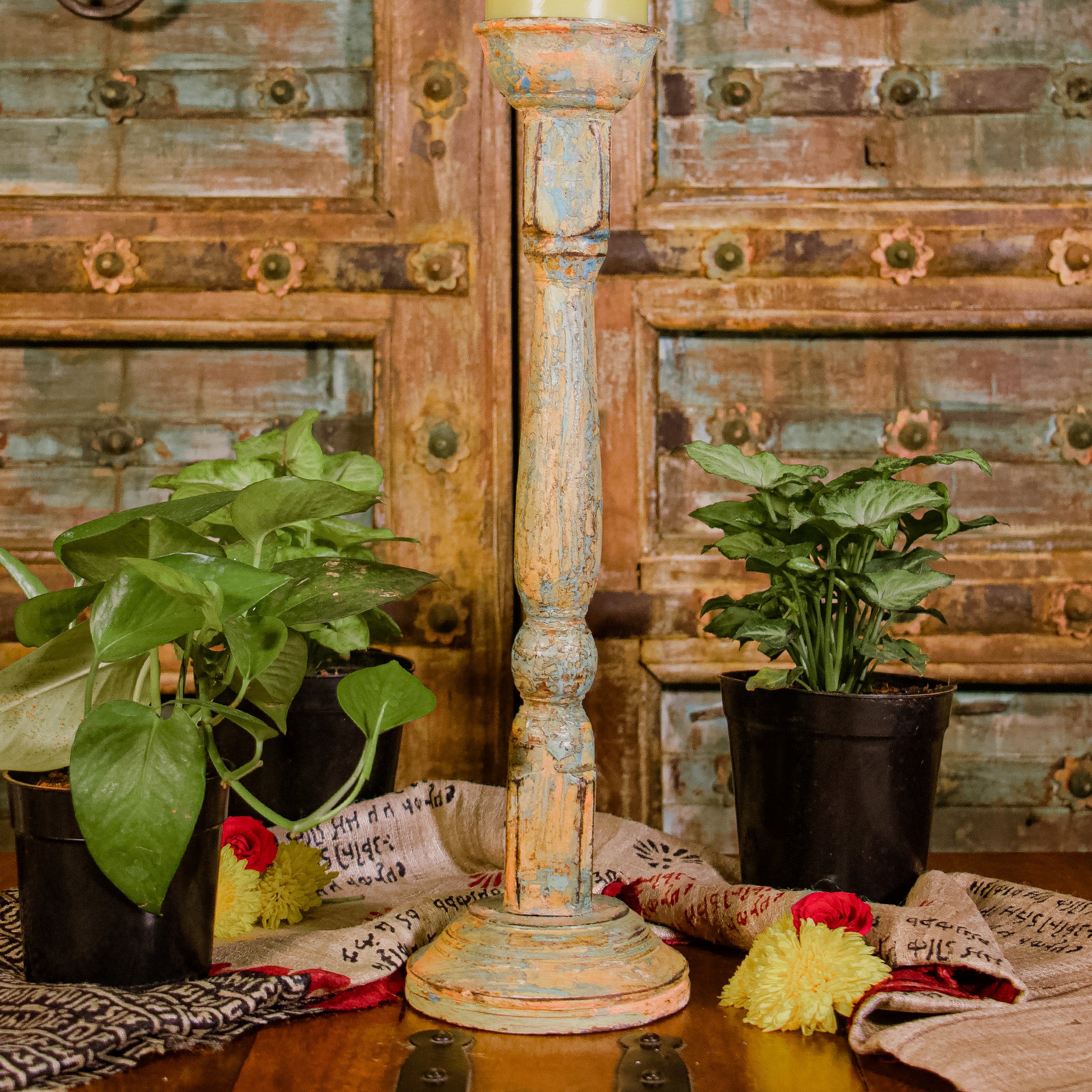 Wooden Candle Distressed Look Stand - Multicolour