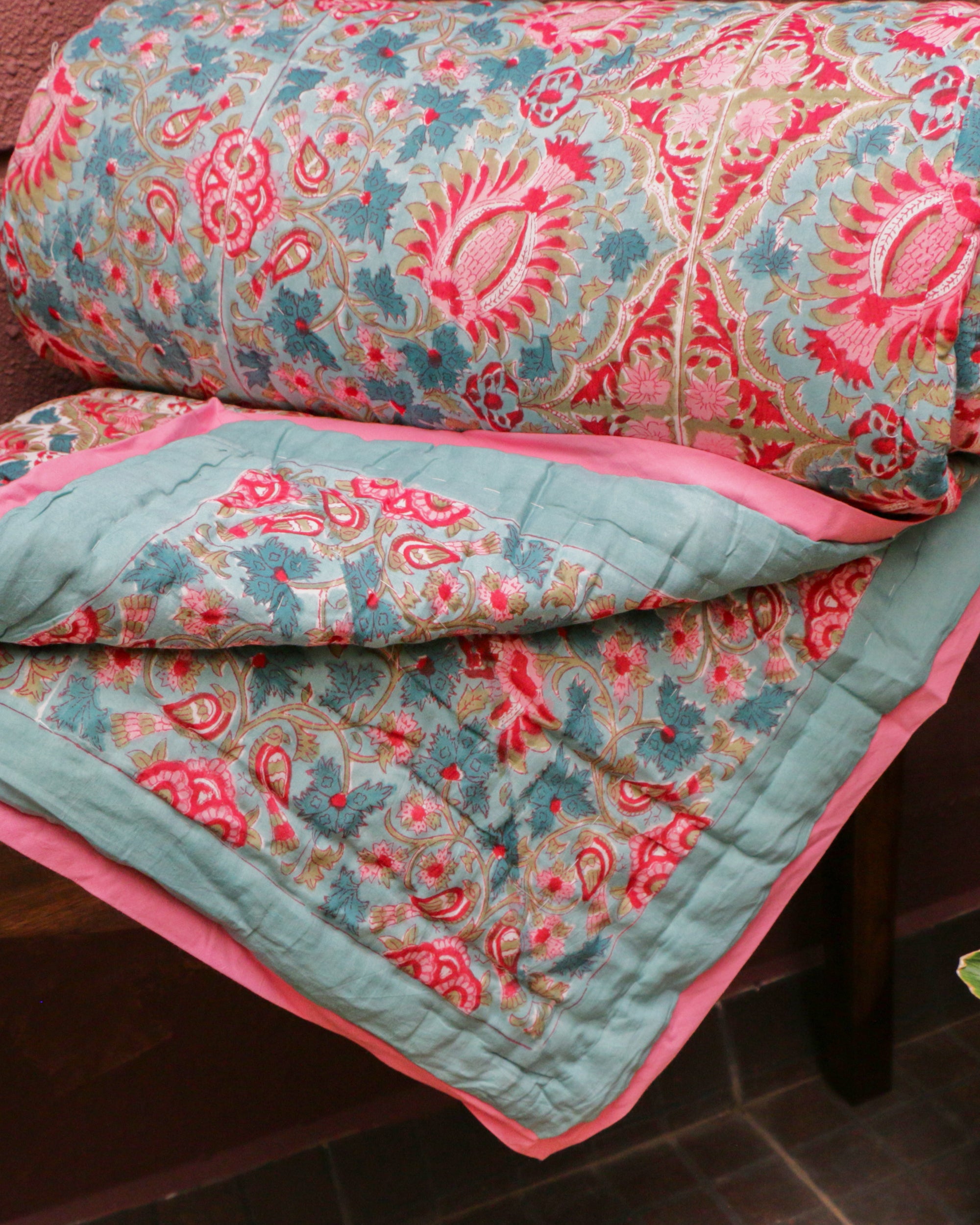 Pink & Blue Hand Block Printed Jaipuri Quilt- Double - 90X108 Inches