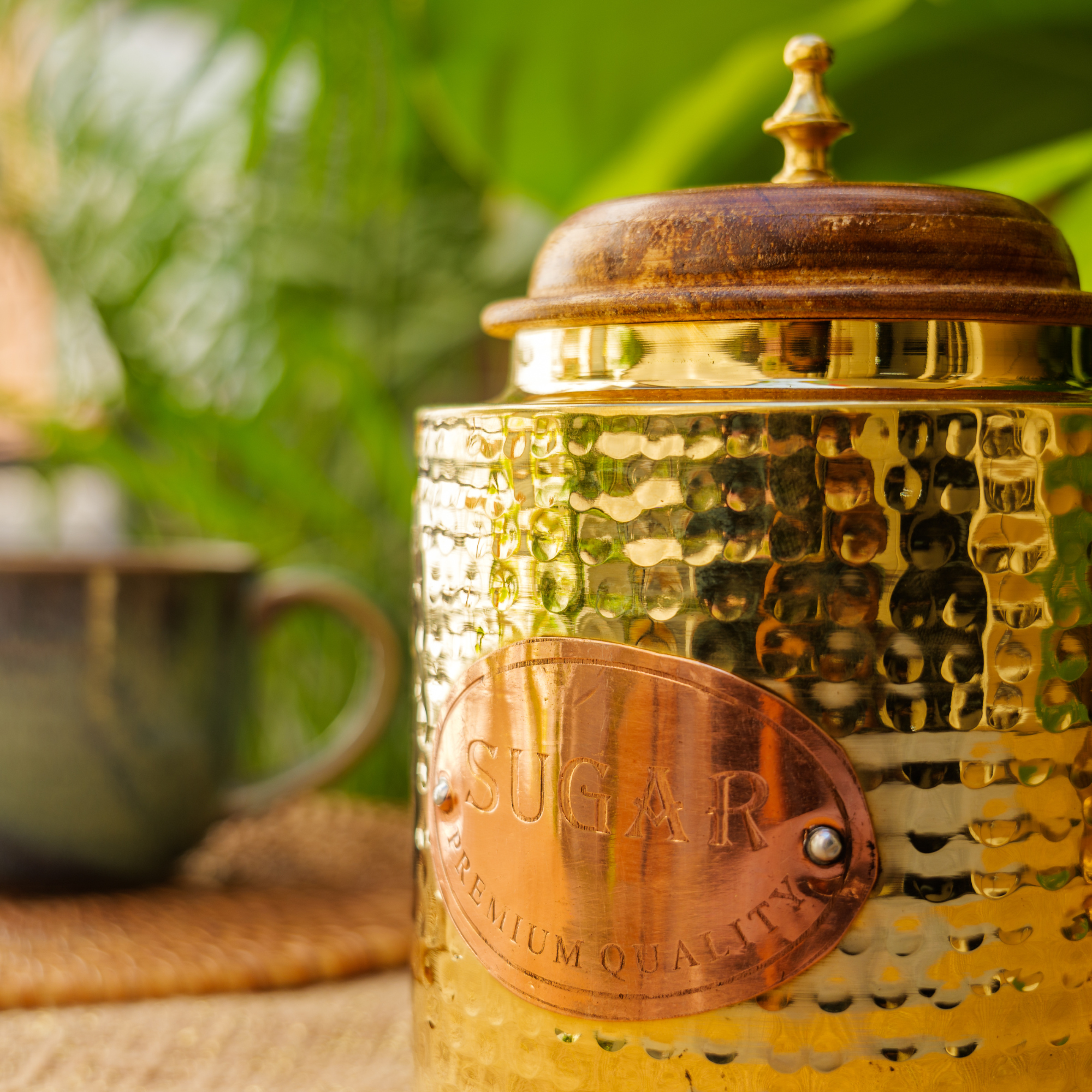 Sugar Jar - Pure Brass Hammered Storage Container - Large - Wood Lid