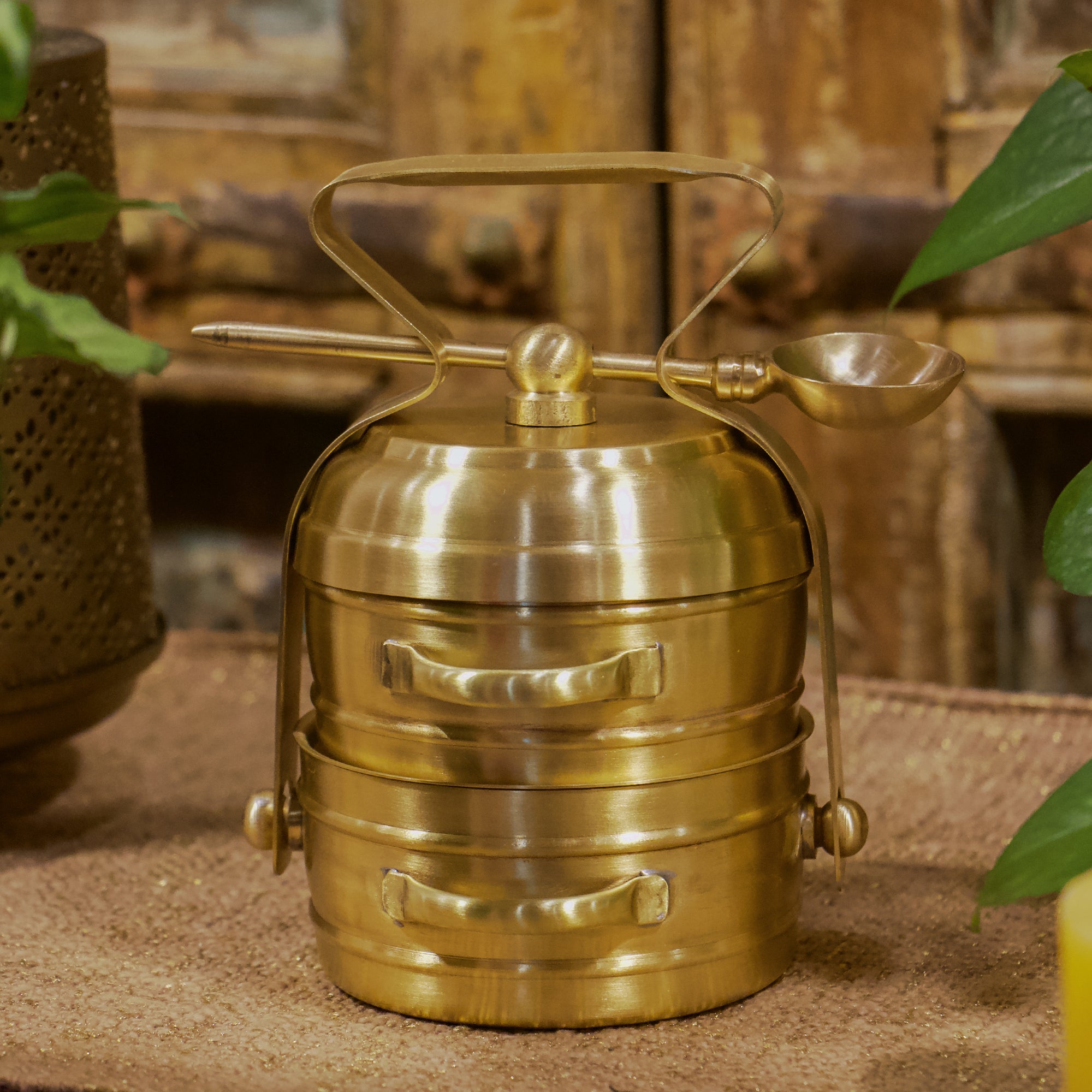 Super Elegant Pure Brass 2 Tier Tiffin Set in Matte Finish with Spoon