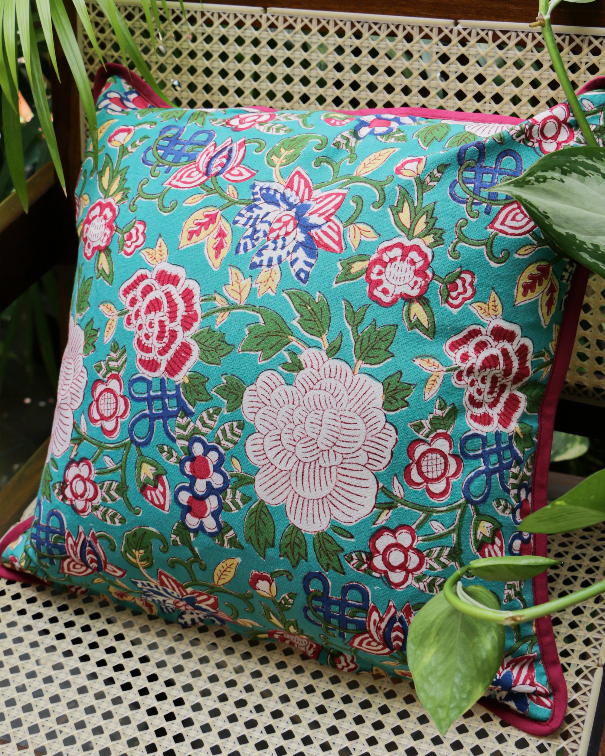 Hand Block Printed Double Side Cushion Cover Cyan & Pink (Set of 5) - 16 X 16 inches