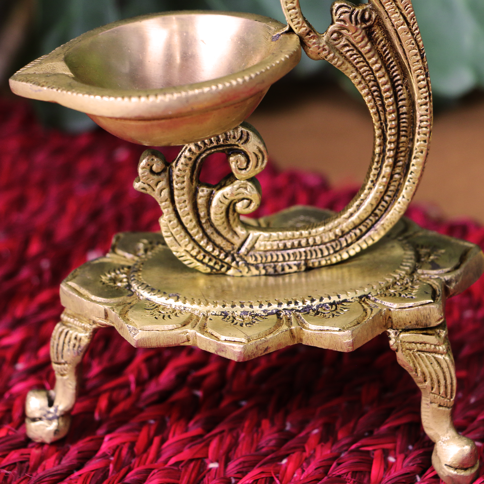 Pure Brass Peacock Antique Style Deepak/Diya Large with Bell