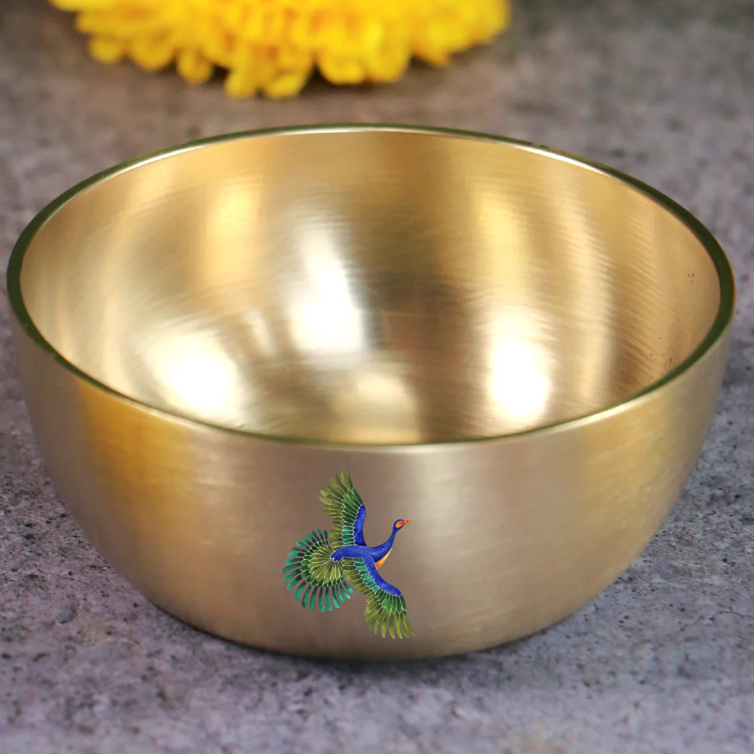 AMBI Pure 100% Lead Free Kansa Pattachitra Bird Hand Painted Finish Small Katori / Bowl - 3.5 inches (175 Gms)