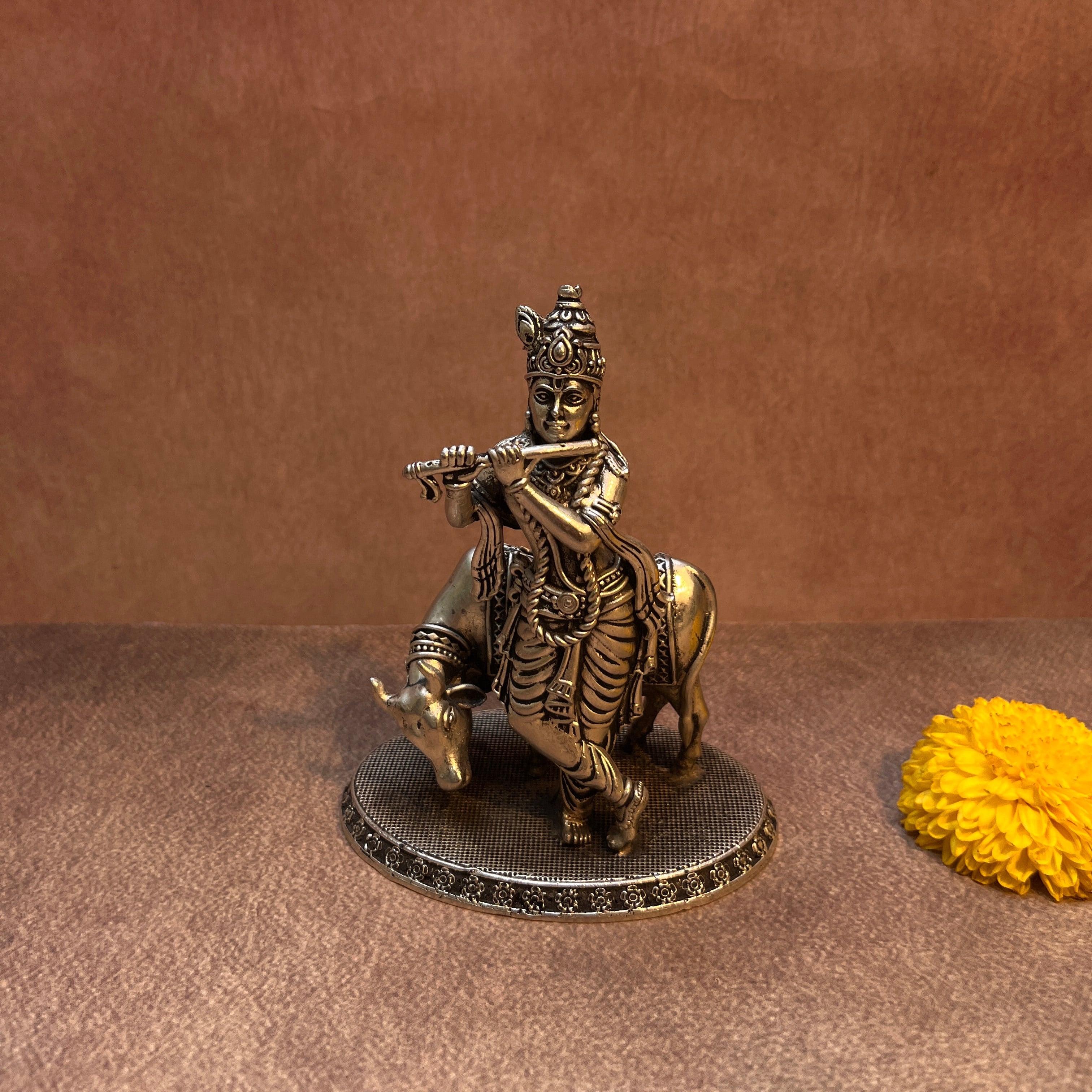 Ambi Pure Brass Lord Krishna with Cow Statue – Flute Playing Krishna (Muralidhar) Idol |Silver Finish| - 5 Inch Height