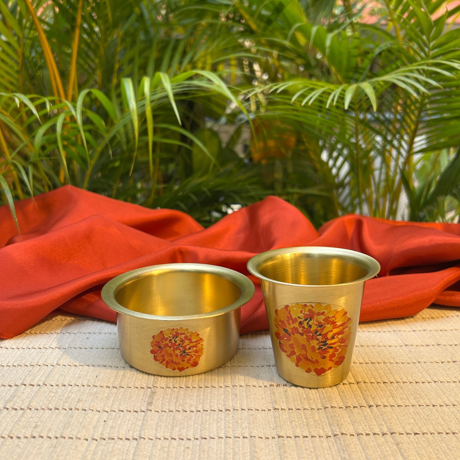 Ambi Pure Brass Marigold Hand-Painted South Indian Coffee Dabara Set