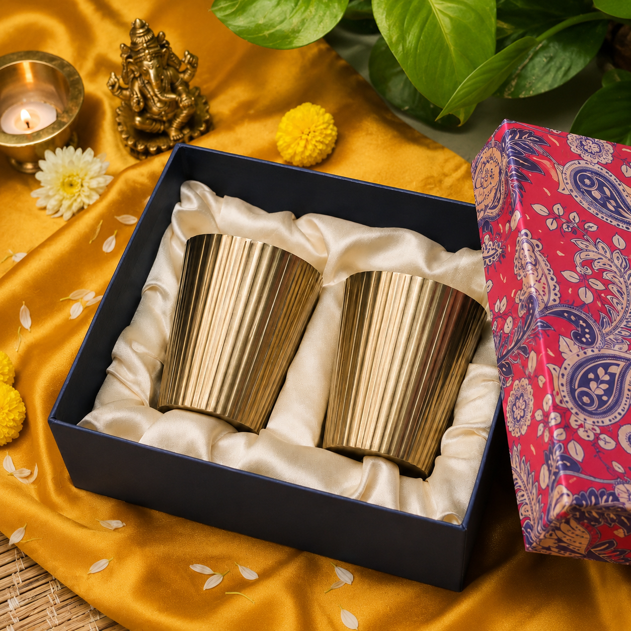 Ambi Home 100% Pure Lead-Free Brass Glass Gift Set of 2 | Handcrafted Brass Tumbler Gift Box