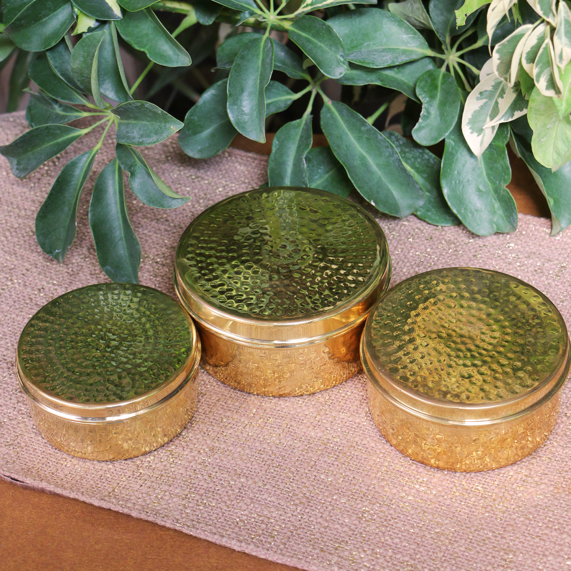 100% Brass Heavy Grade Hammered Storage Boxes / Laddu Boxes - Set of 3 boxes