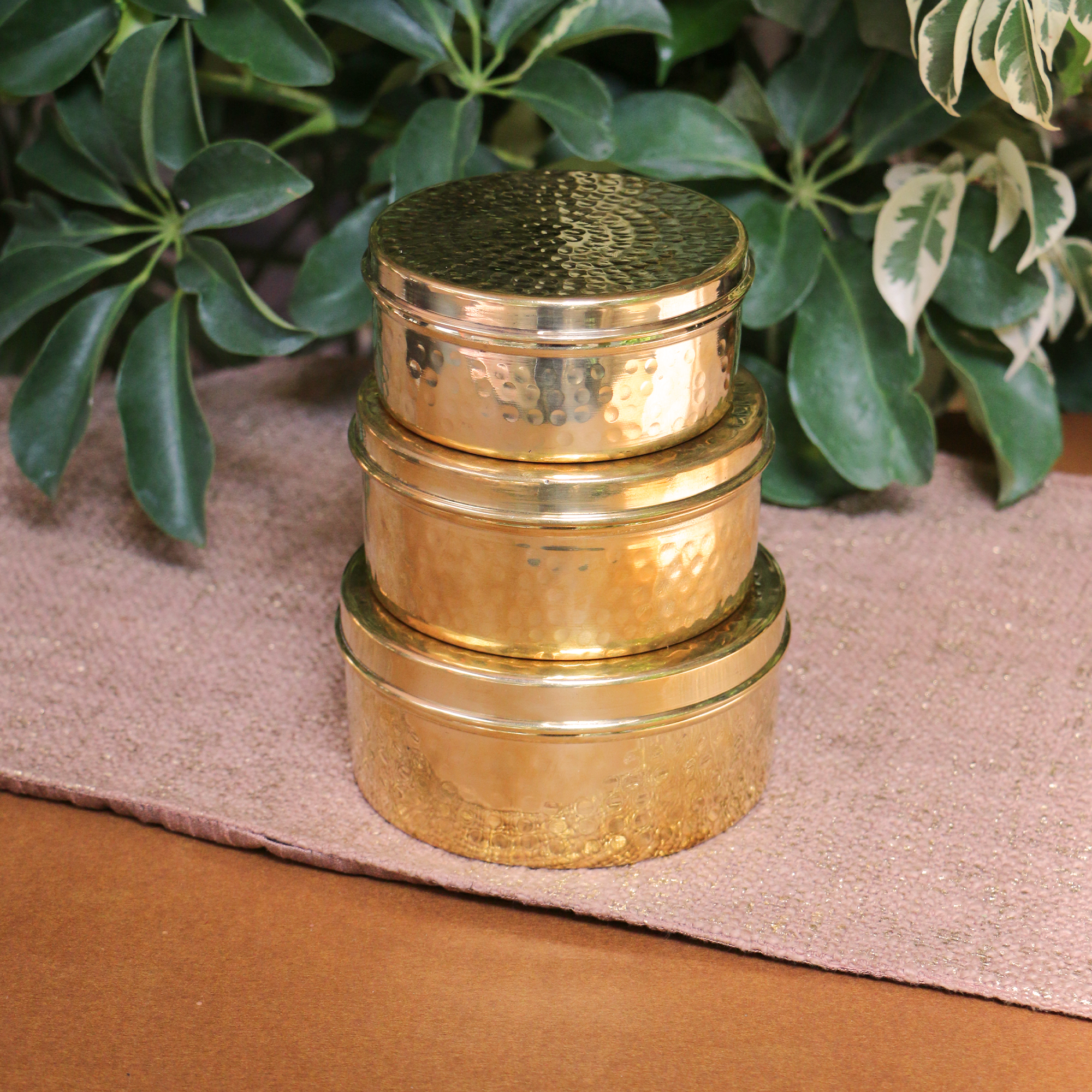 100% Brass Heavy Grade Hammered Storage Boxes / Laddu Boxes - Set of 3 boxes