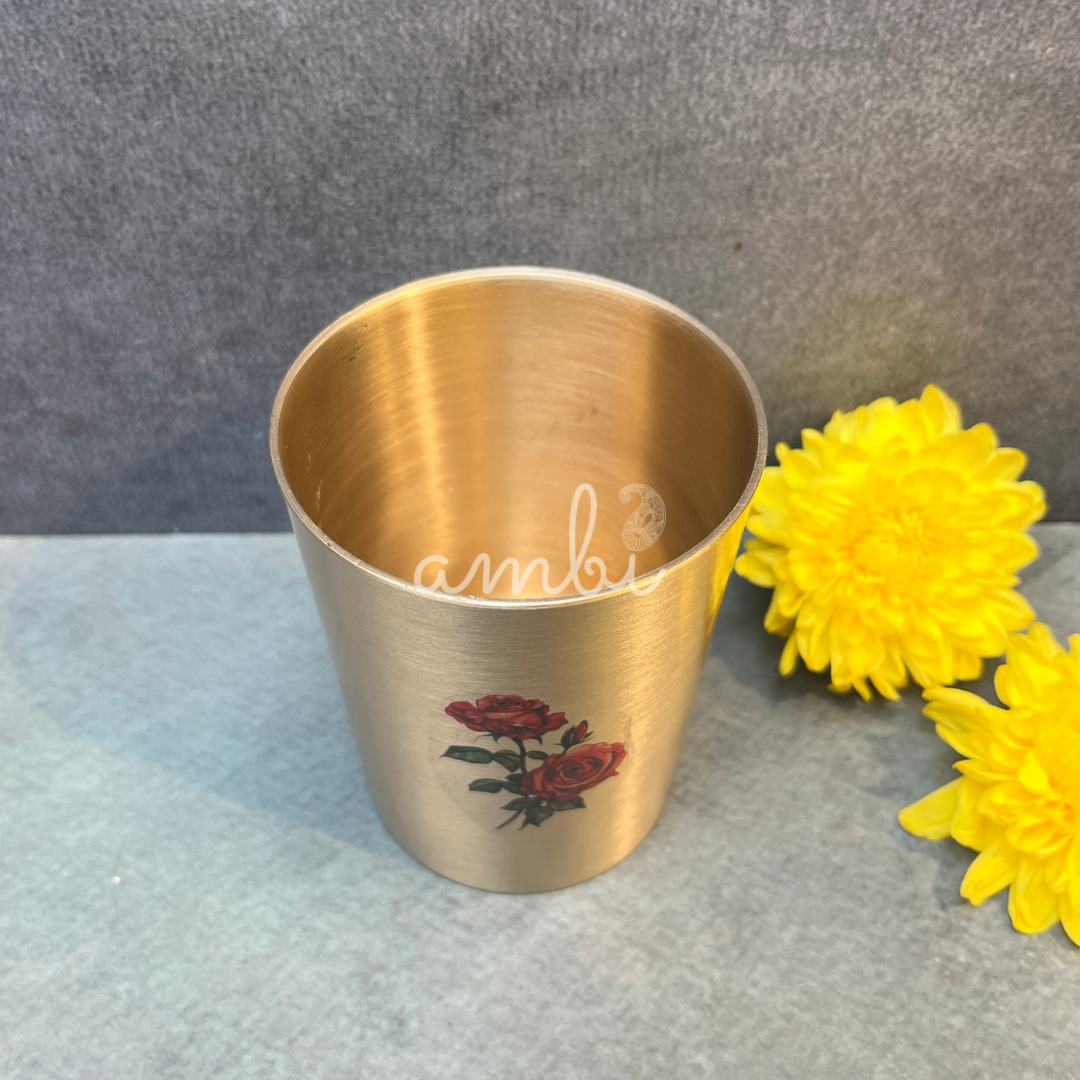 Ambi Pure Kansa Rose Hand-Painted Water Glass – Straight Edge | 100% Lead-Free Bronze | 170 ML