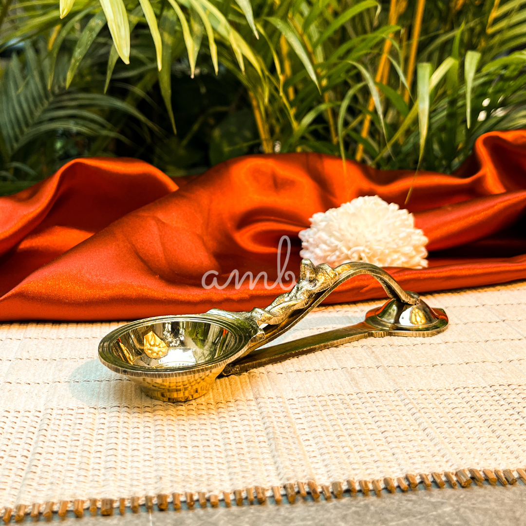 Pure Brass Dhoop Aarti Diya with Handle - Medium | 6 Inch
