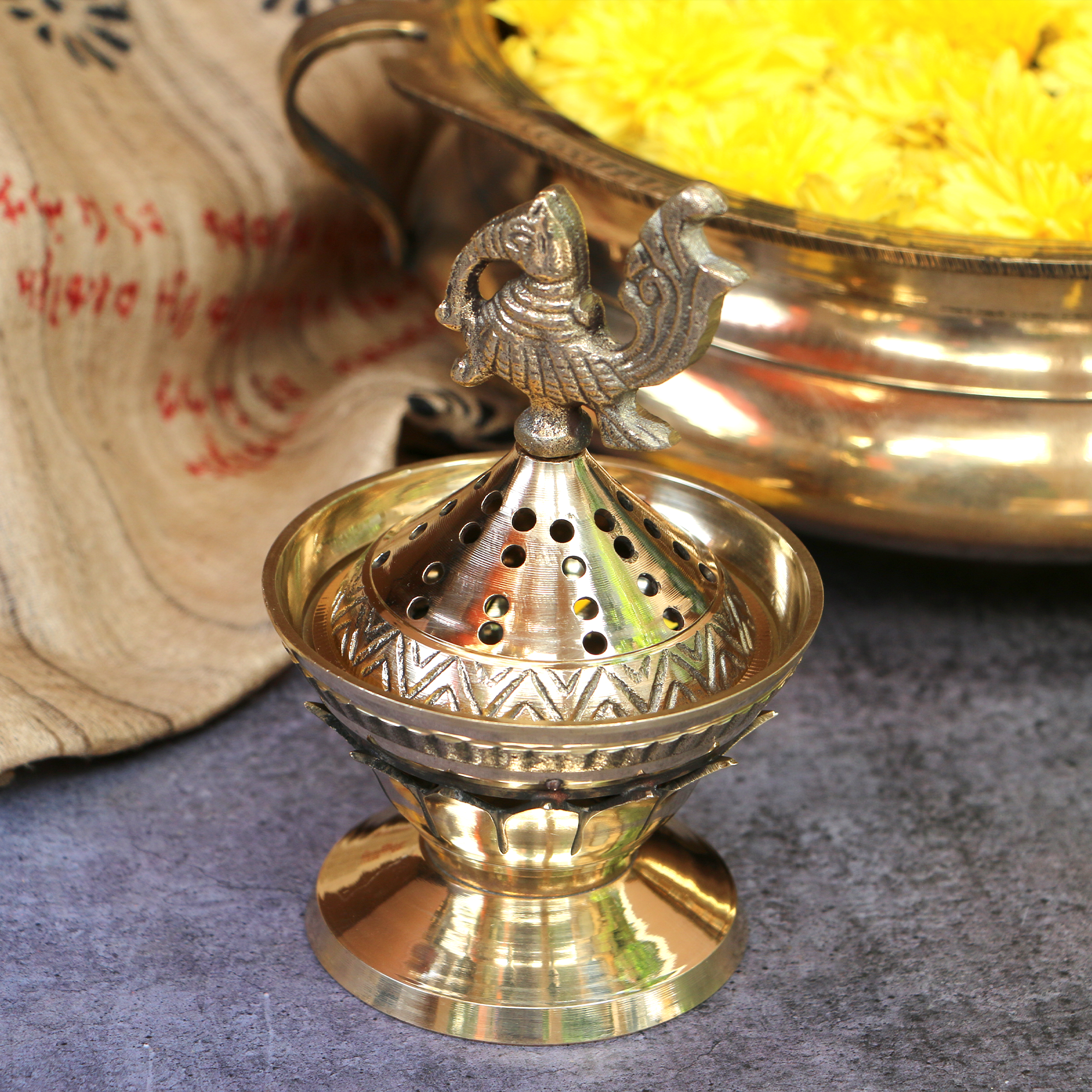 Lotus Base Peacock Top Brass Dhuni Loban Sambrani Incense Burner (small)