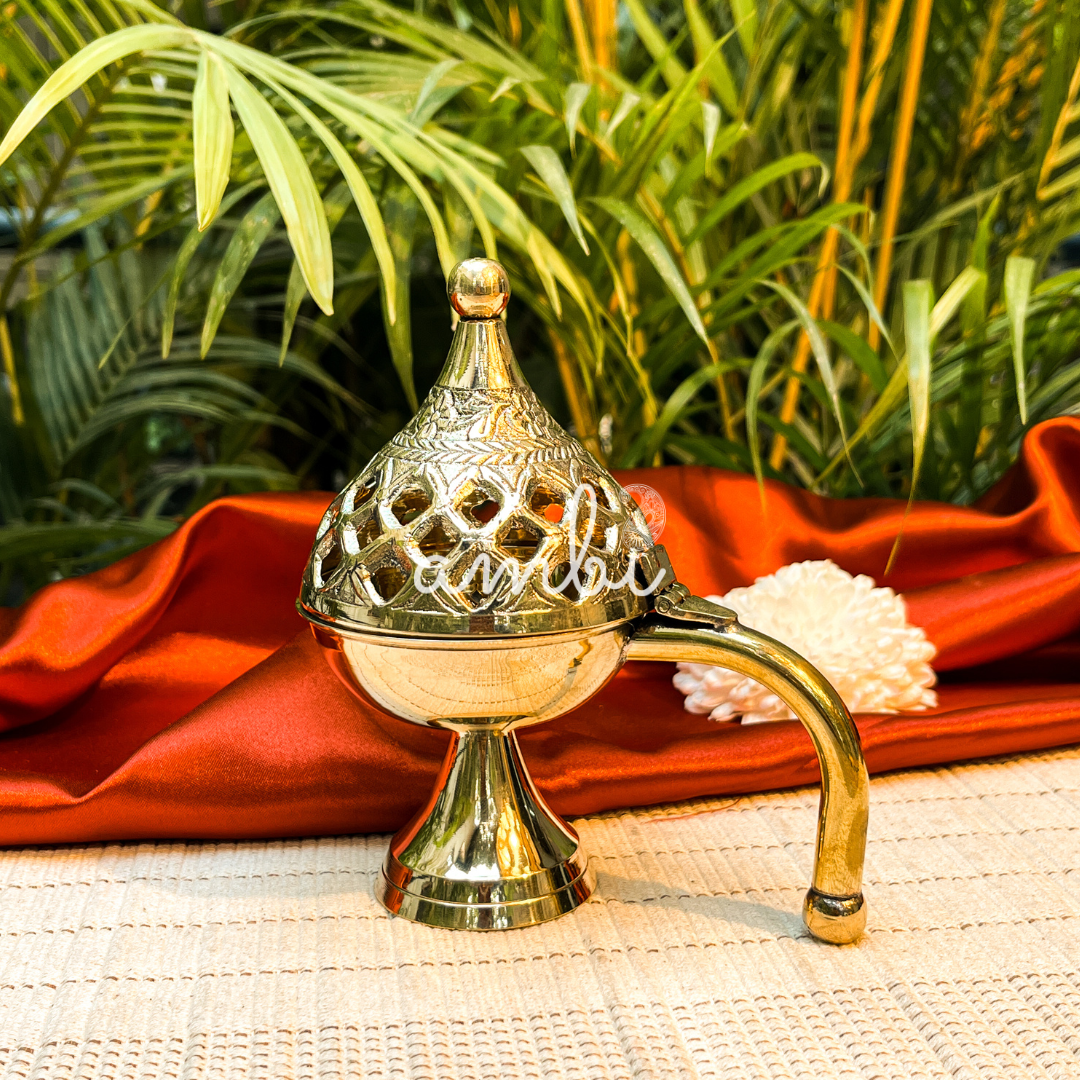 Ambi Handcrafted Pure Brass Dhoop Dani with Handle & Ornate Lid