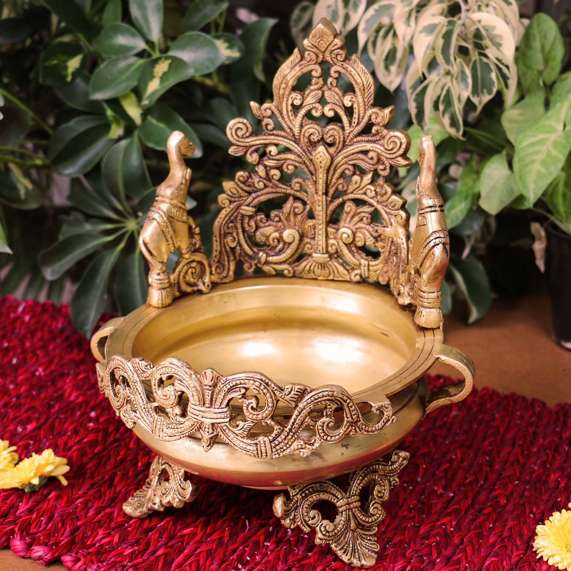 Pure brass Ethnic Traditional Elephant and Flower Designed Urli - Antique Style