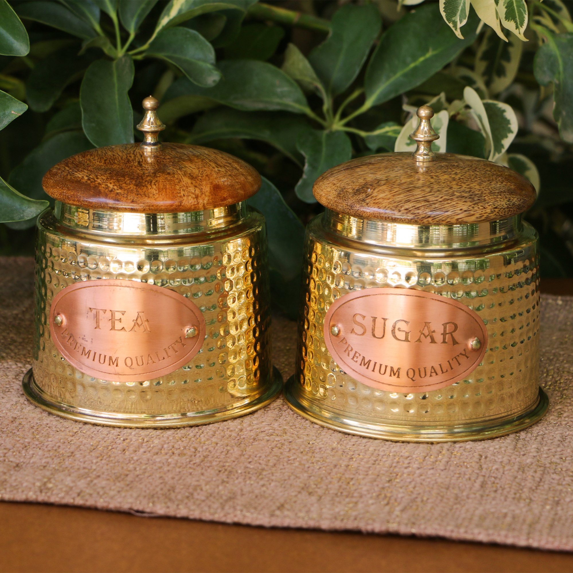 Tea and Sugar Jars - Pure Brass Hammered Jars -  Storage container- Set of 2 - Small -  Wood Lid