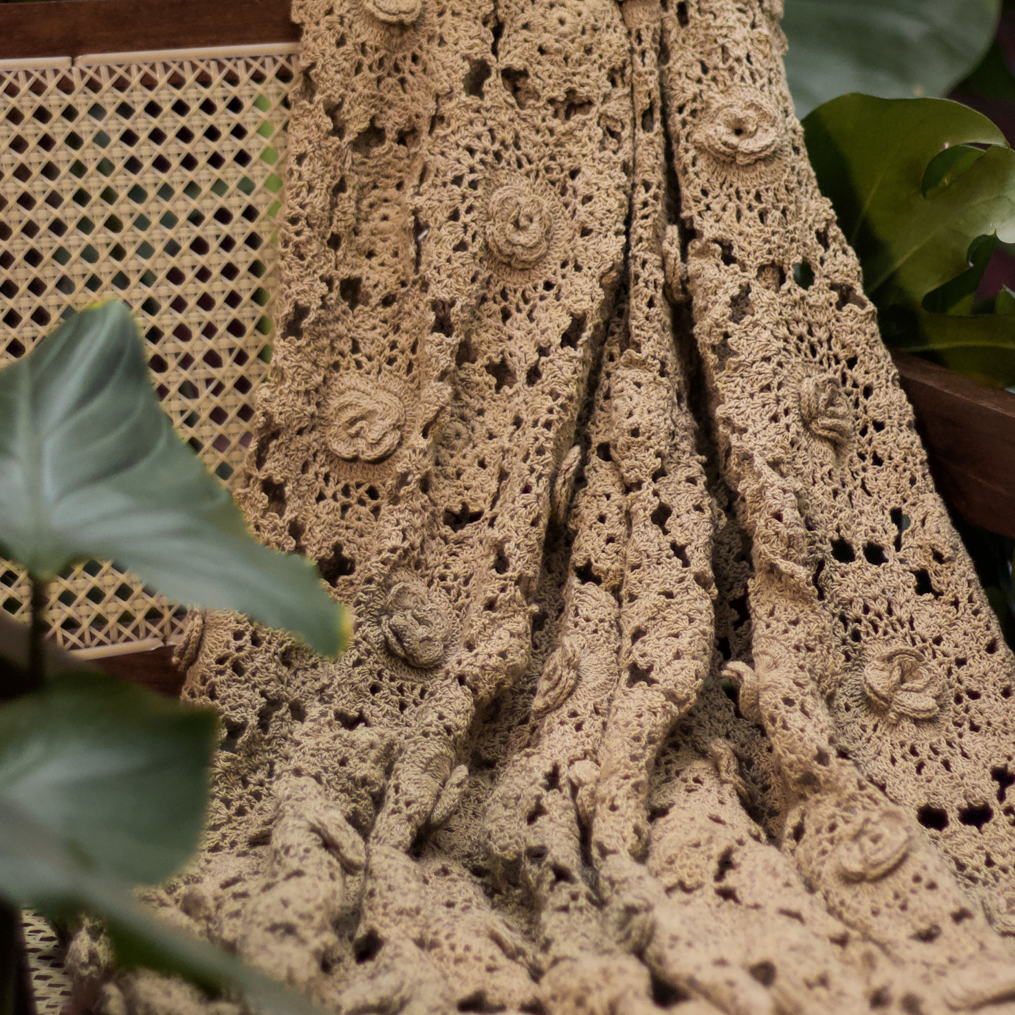 Hand-Embroidered Light Brown Crochet Throw - 125X150 CMS