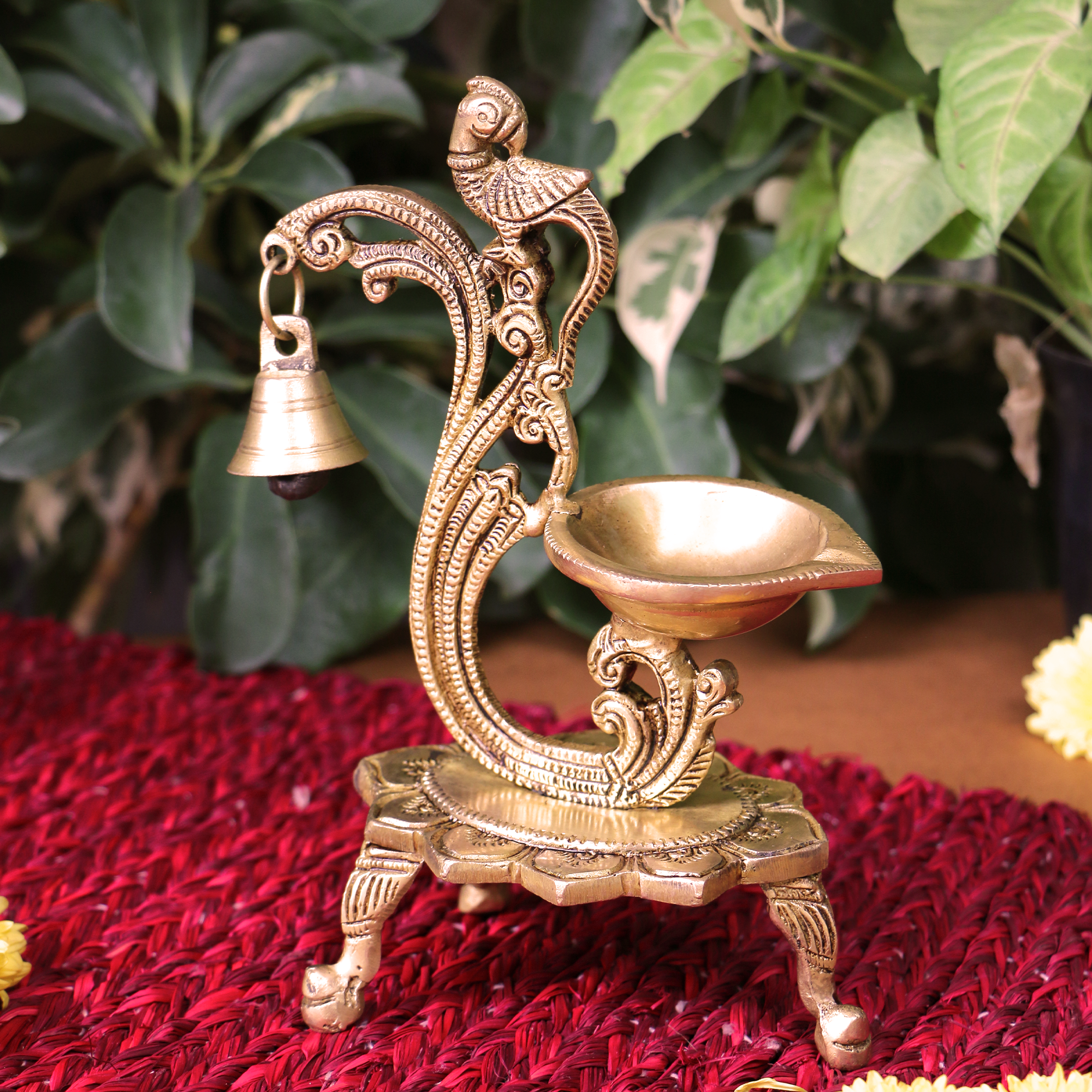 Pure Brass Peacock Antique Style Deepak/Diya Large with Bell