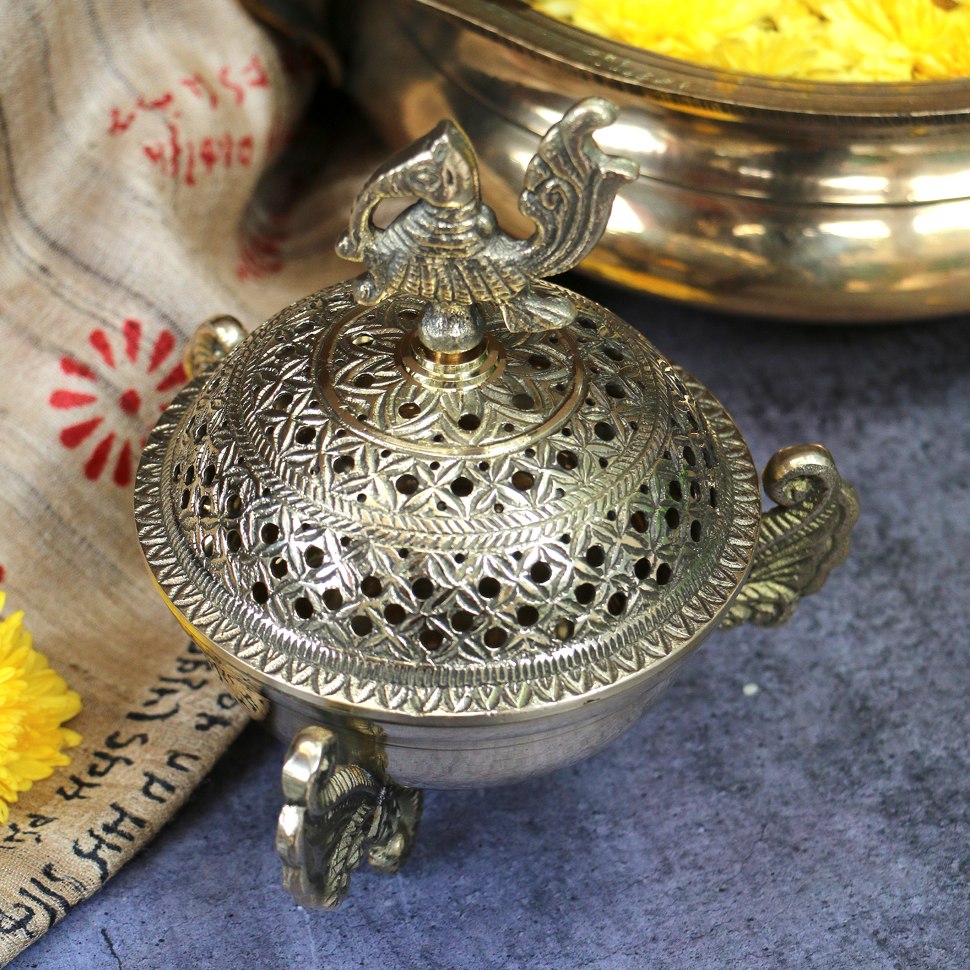 3 Legged Peacock Top Pure Brass Dhuni Loban Sambrani Incense Burner