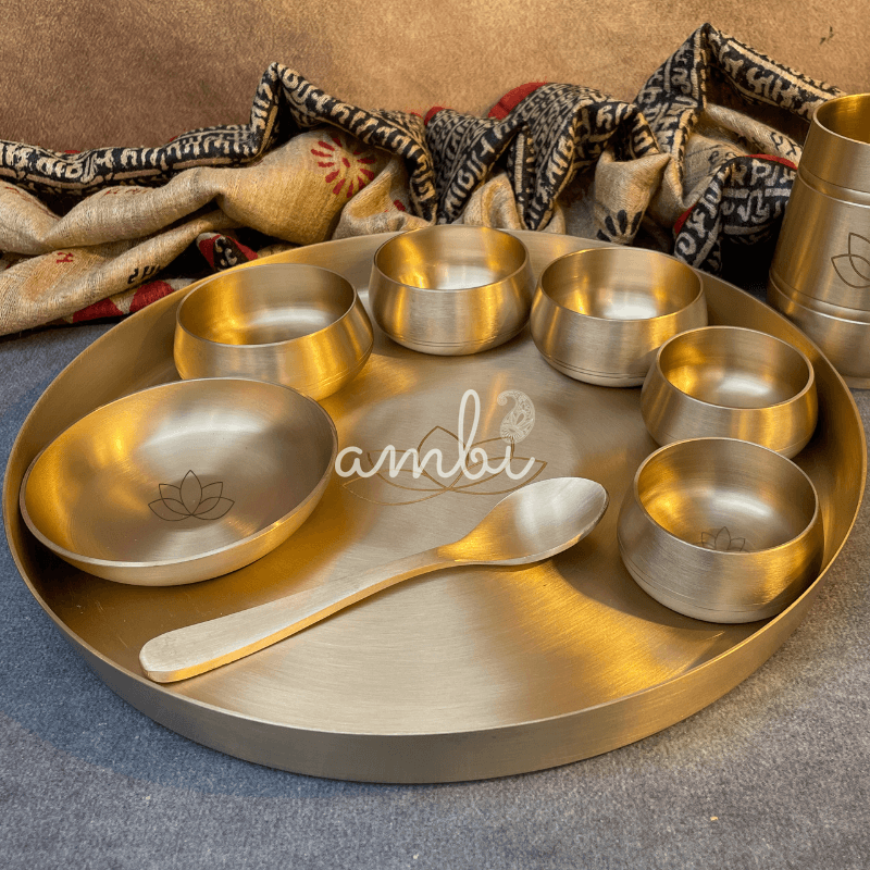 AMBI Curved Kansa Thali Set with Laser Cut Lotus Design - Matt Finish - Heavy Grade (Set of 10 Pieces)