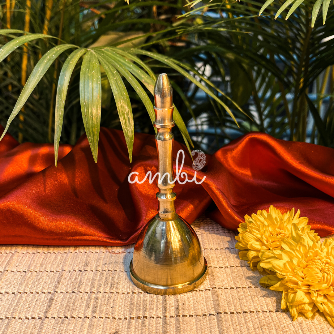 Ambi Pure Brass Handheld Pooja Bell for Aarti & Prayer - 5.2 Inch Height (205 Grams)