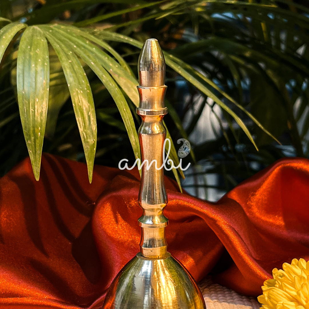 Ambi Pure Brass Handheld Pooja Bell for Aarti & Prayer - 5.2 Inch Height (205 Grams)