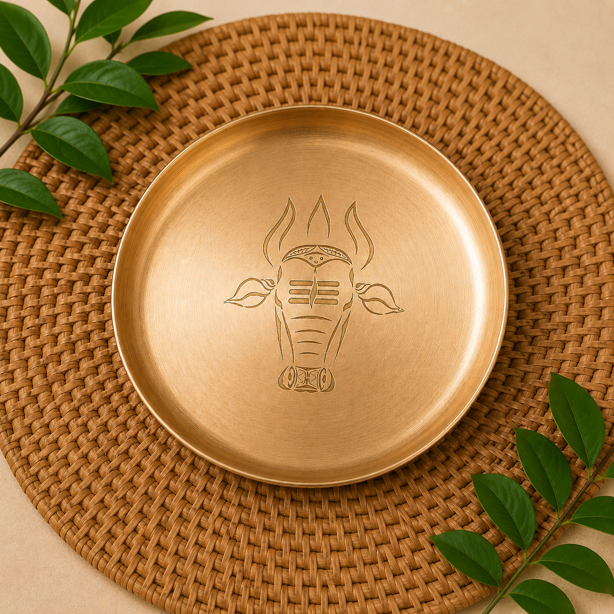 A round brushed brass plate with an engraved Nandi head design, presented on a woven brown placemat with green leaves as styling props.