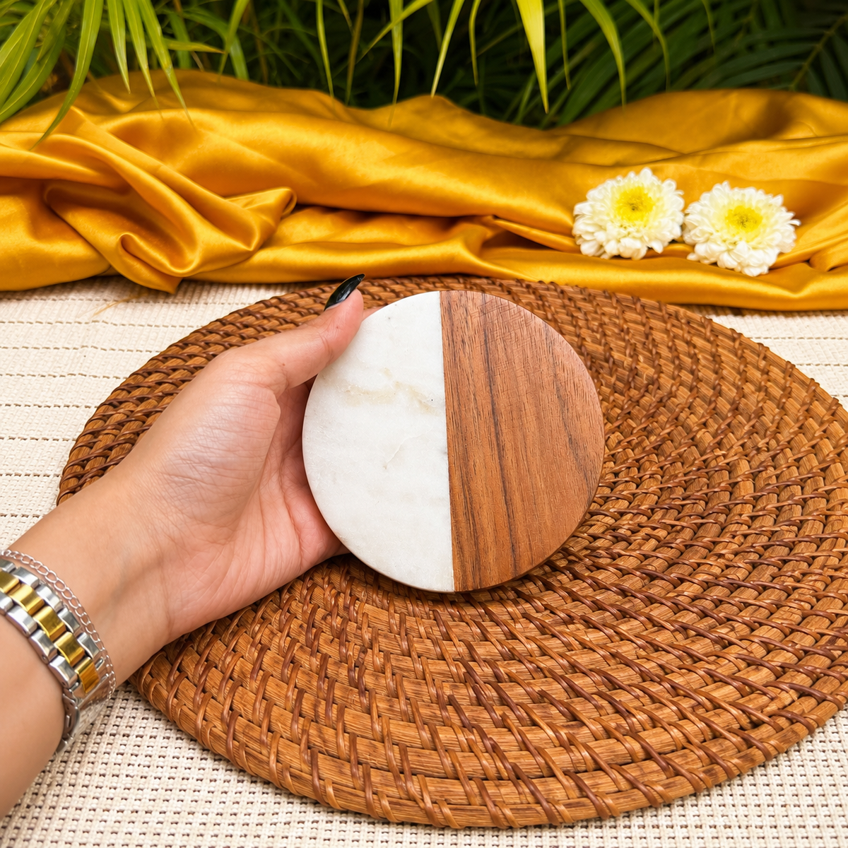 Ambi Marble & Wooden Coaster Set of 2 | Elegant Half-Moon Design Drink Coasters | Natural Wood & White Marble Table Coasters for Home & Gifting