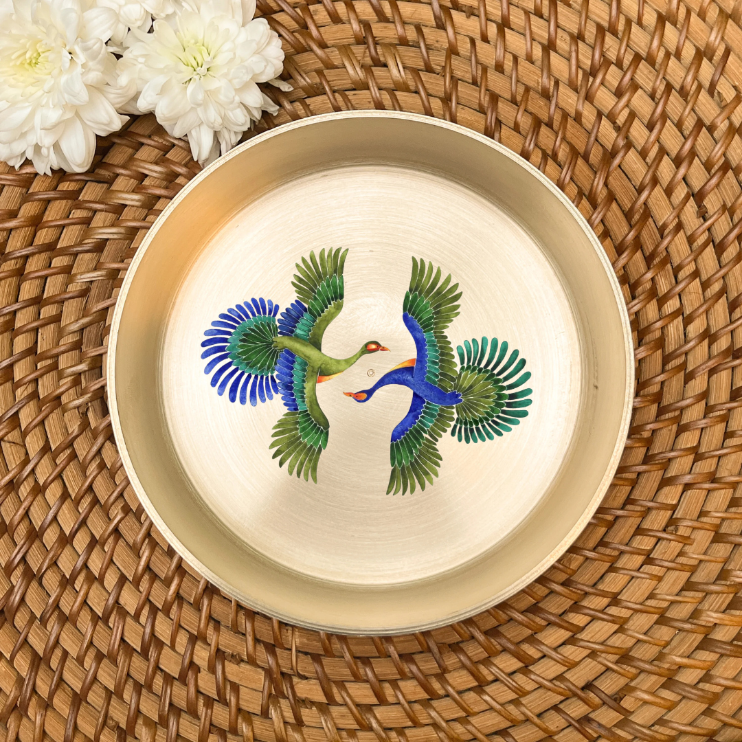 AMBI 100% Pure Lead Free Kansa Pattachitra birds Hand Painted Finish Plate 8 inch