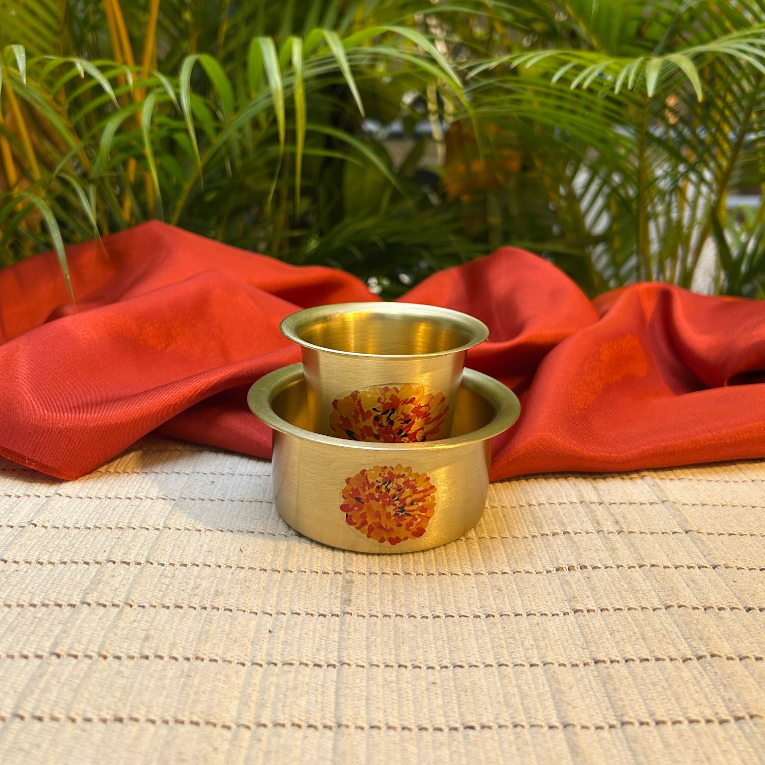Ambi Pure Brass Marigold Hand-Painted South Indian Coffee Dabara Set