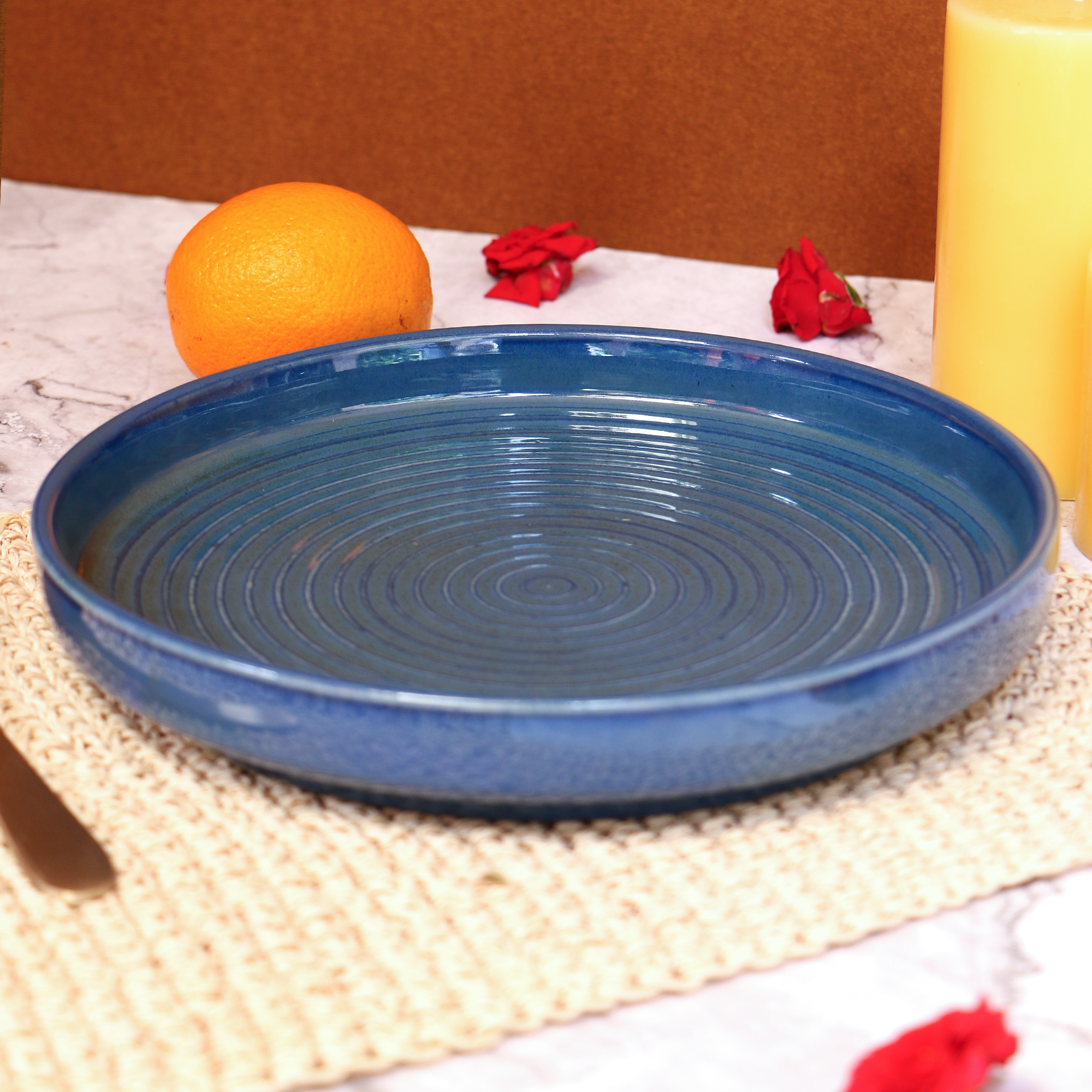 Ambi Stoneware Glazed Blue Salad Platter Large 10 inch