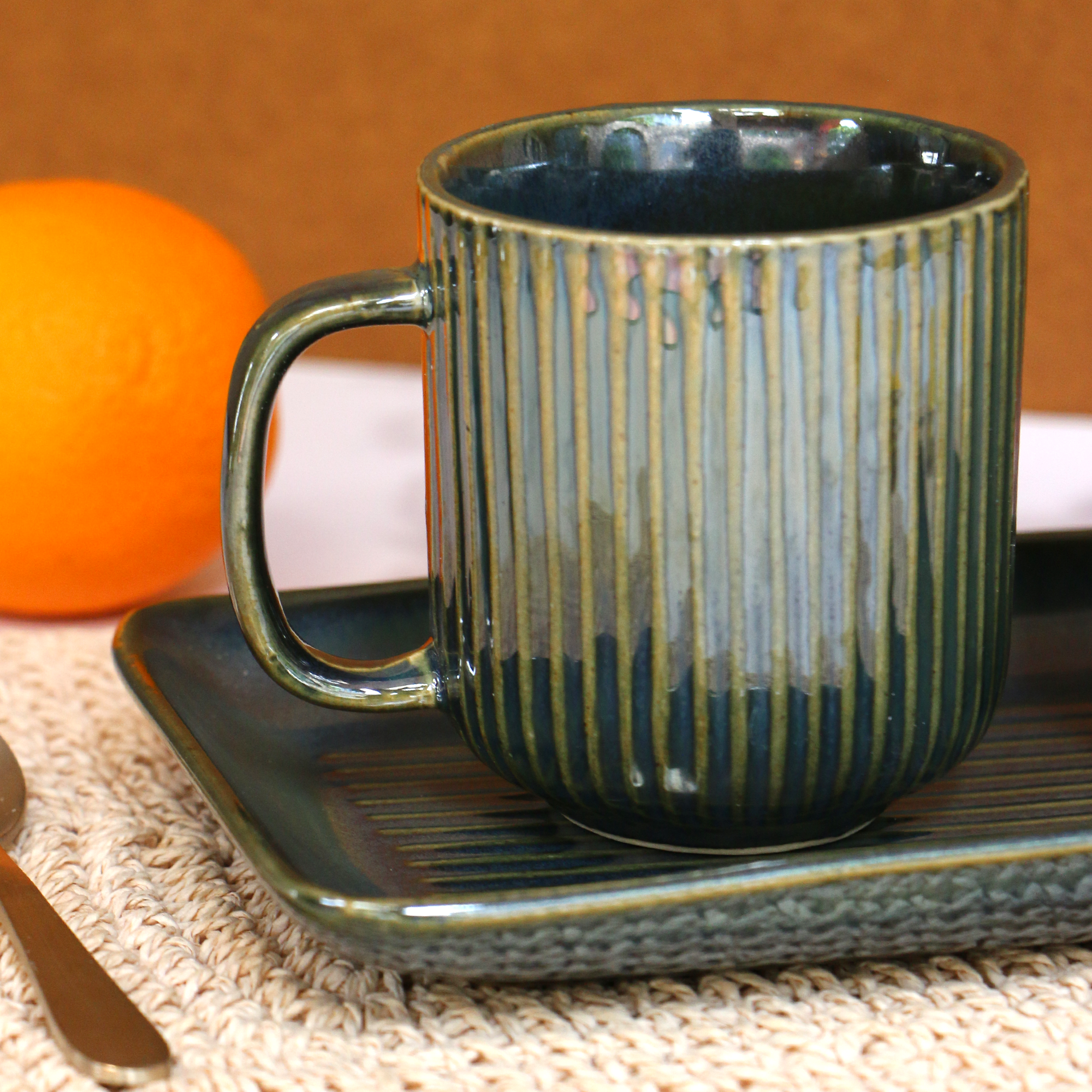 Ambi Handmade Coral Reef Green Ceramic Cups and Platter  3 Piece Set