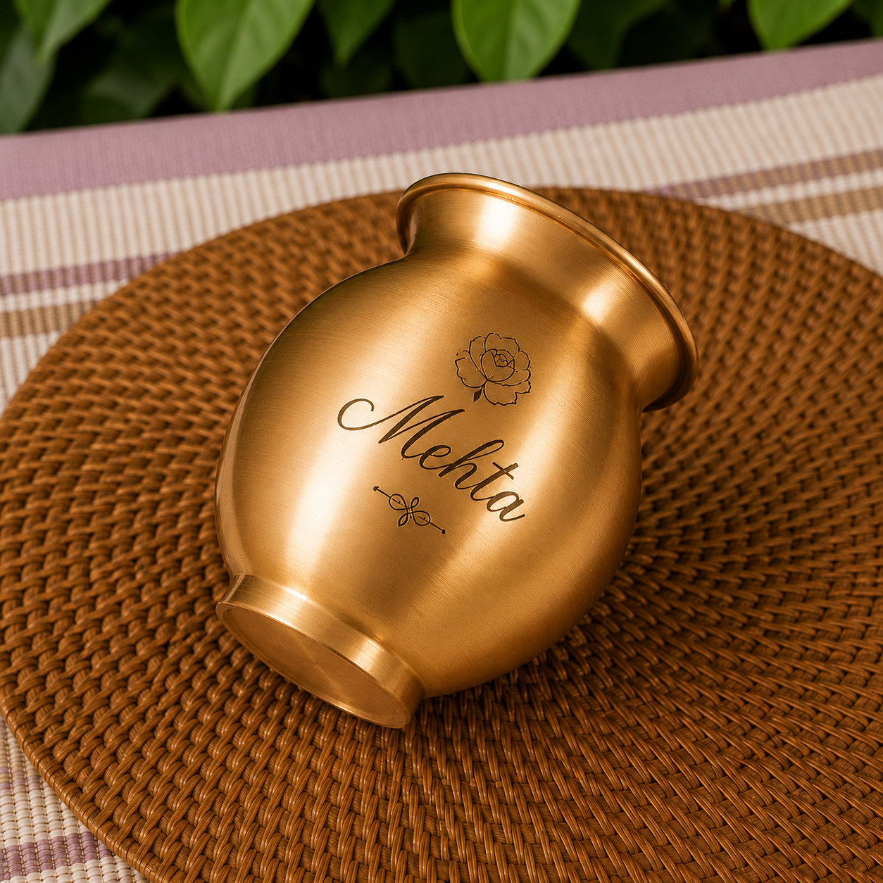 A small metallic gold urn-shaped vase engraved with the name 'Mehta' and a rose, resting on a round woven brown placemat over a striped fabric surface with green leaves in the background.