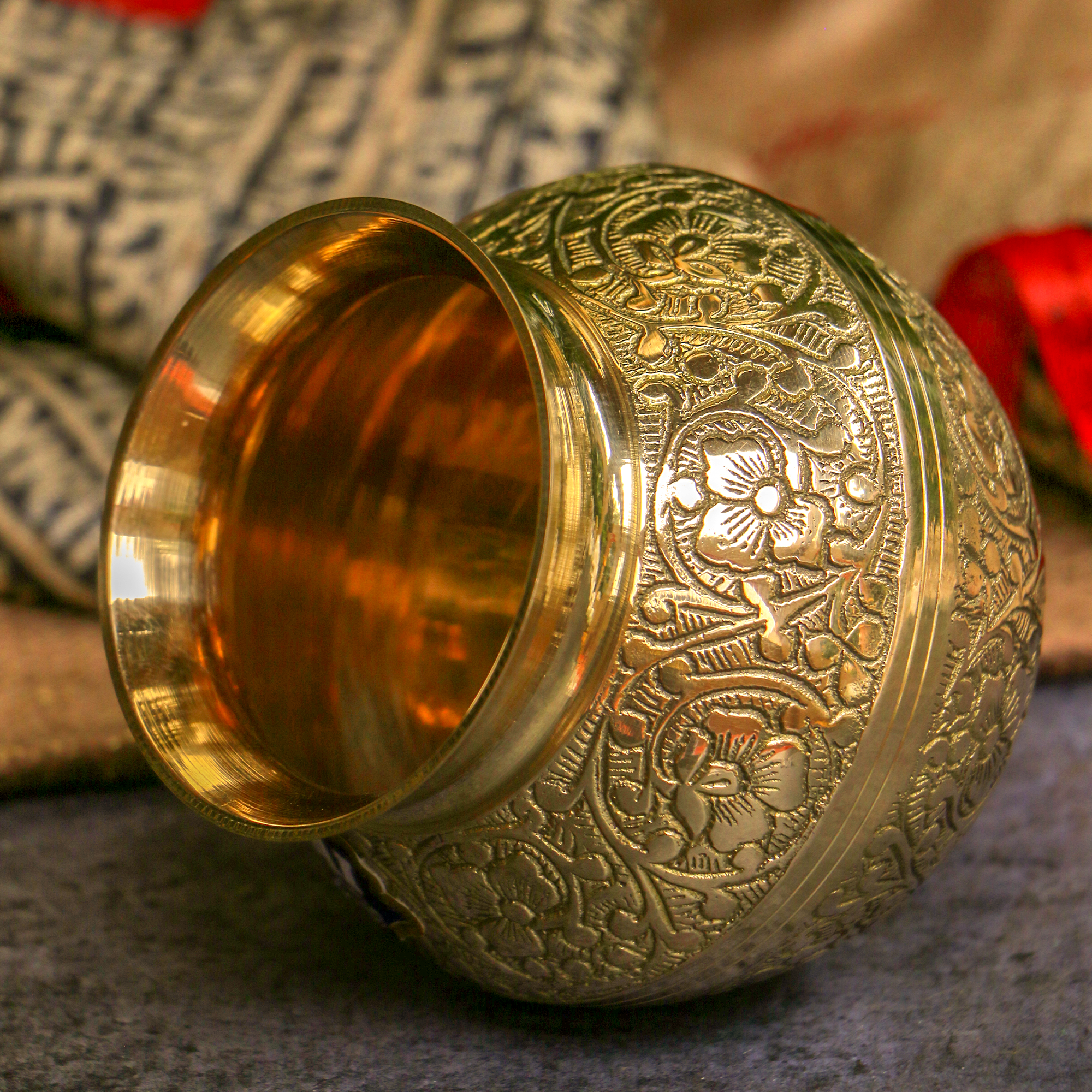 100 % Brass Embossed Lota Kalash for Pooja or Water Storage - Round