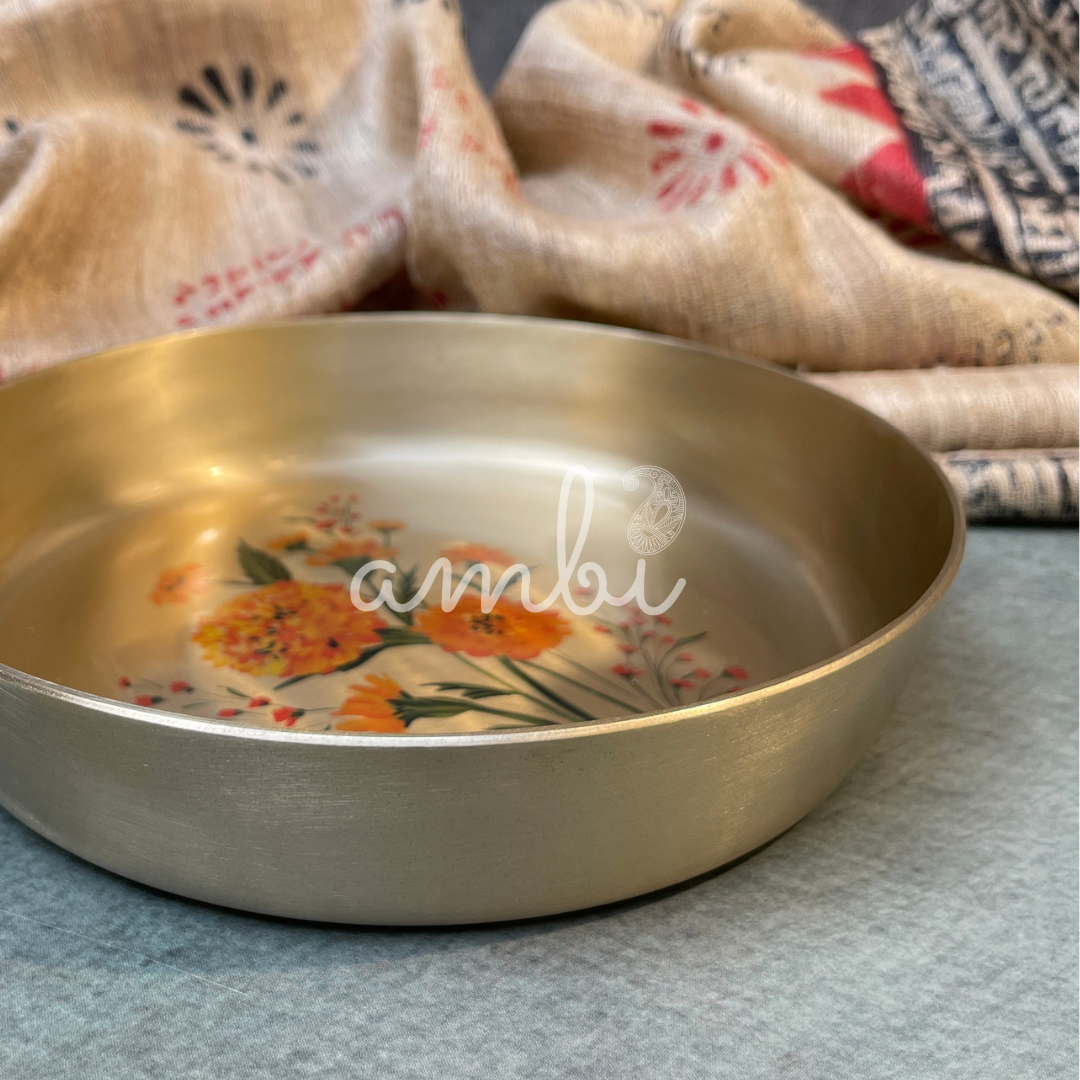 Ambi Pure Kansa Marigold Hand Painted Plate – 6 Inch | Dessert & Puja Plate