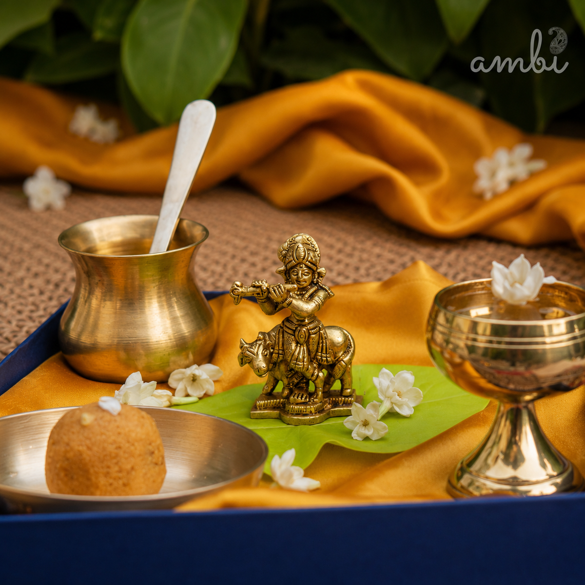 Pure Brass Lord Krishna Idol with Nandi - 2.75 inch height