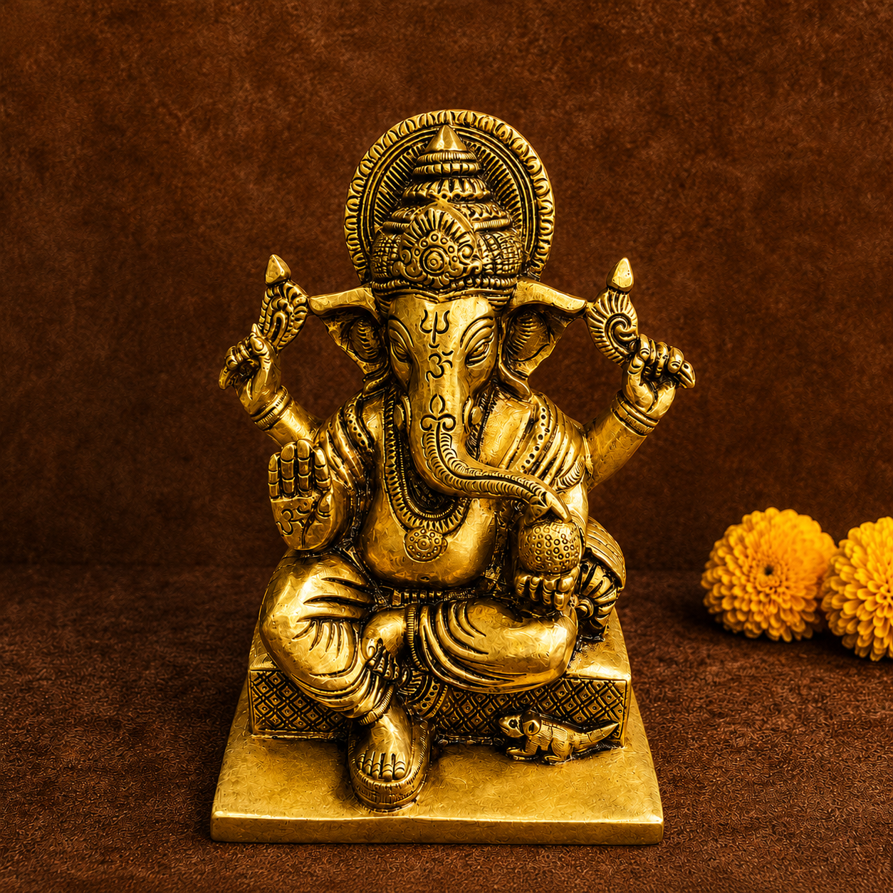 A brass-colored Ganesha statue seated on a pedestal, photographed against a textured brown backdrop with two yellow flowers at the side.
