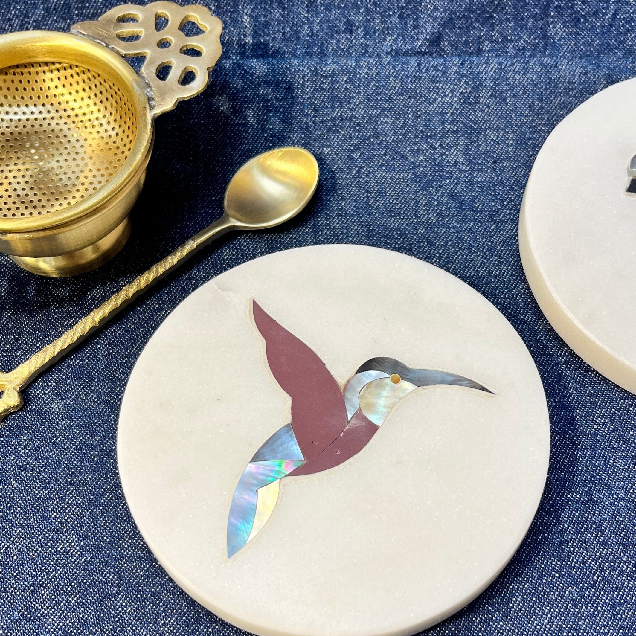 Ambi Humming Bird Marble Coasters with Inlay work red - Set of 2