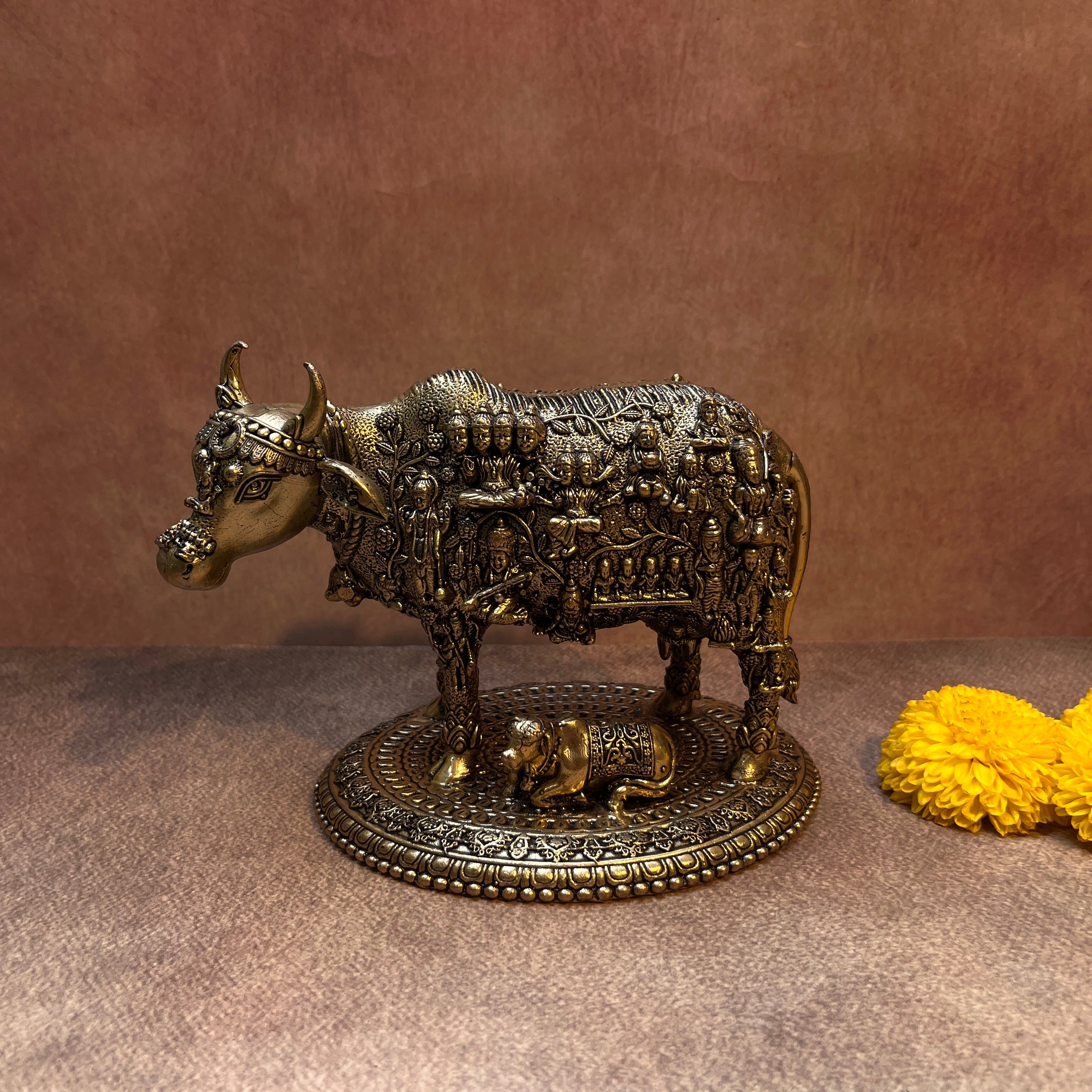 Ambi Pure Brass Kamadhenu Cow and Calf Idol with 33 Koti Deities for Home Mandir