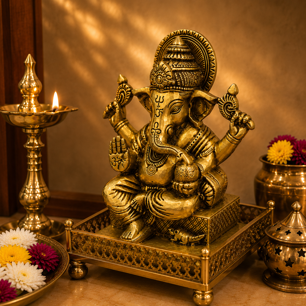 An ornate brass Ganesha statue placed on a decorated altar with a lit diya, flowers, and a warm golden background.