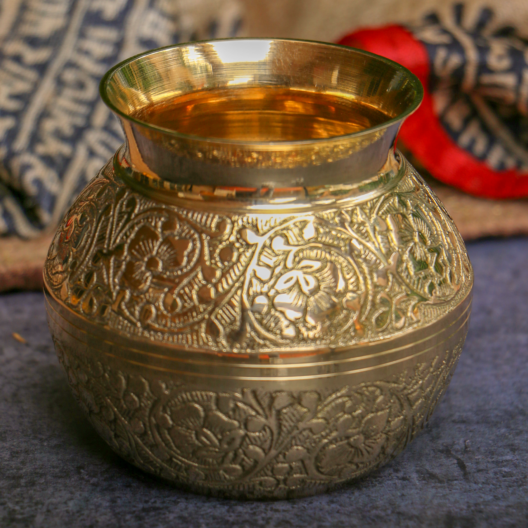 100 % Brass Embossed Lota Kalash for Pooja or Water Storage - Round