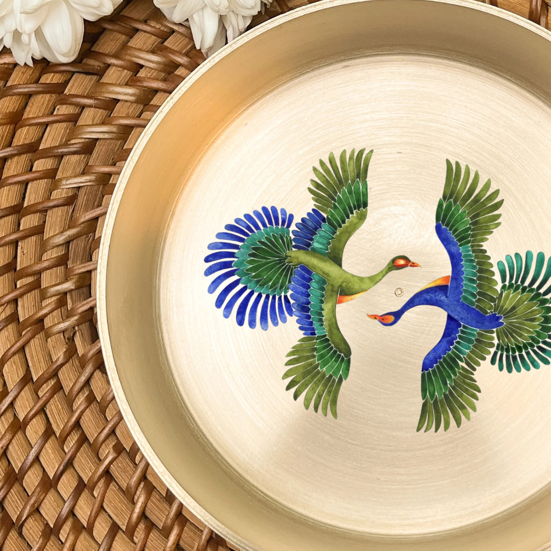 AMBI 100% Pure Lead Free Kansa Pattachitra birds Hand Painted Finish Plate 8 inch