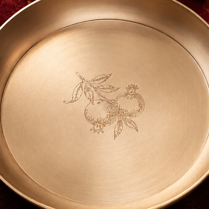 Ambi Kansa Plate with Pomegranate Etched & Cutlery– Premium Gift Box Set