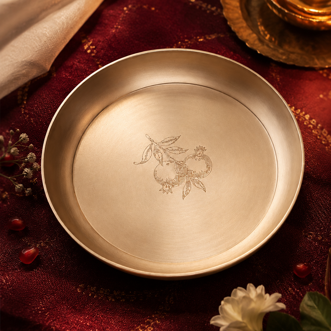 Ambi Kansa Plate with Pomegranate Etched & Cutlery– Premium Gift Box Set