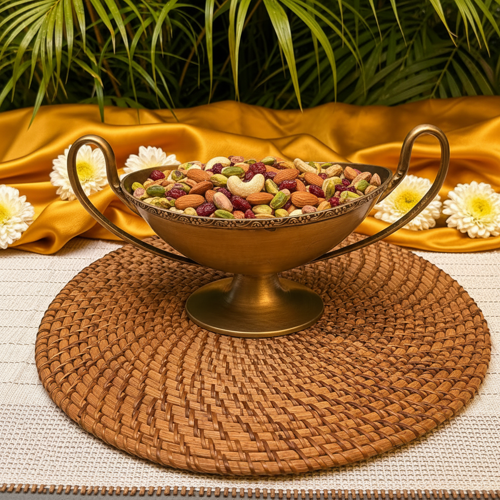 A brass pedestal bowl with two handles, shown on a woven round placemat with a hand holding one handle. The background features gold fabric, green palm leaves, and white flowers.