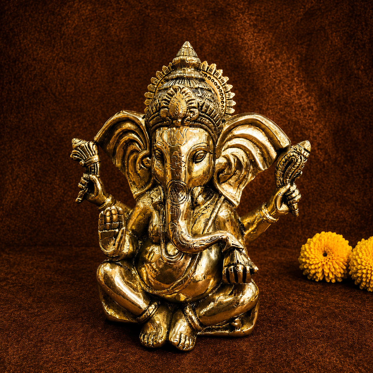 A golden brass Ganesha statue seated in a meditative pose, set against a textured dark brown background with two yellow decorative pom-pom flowers on the right.