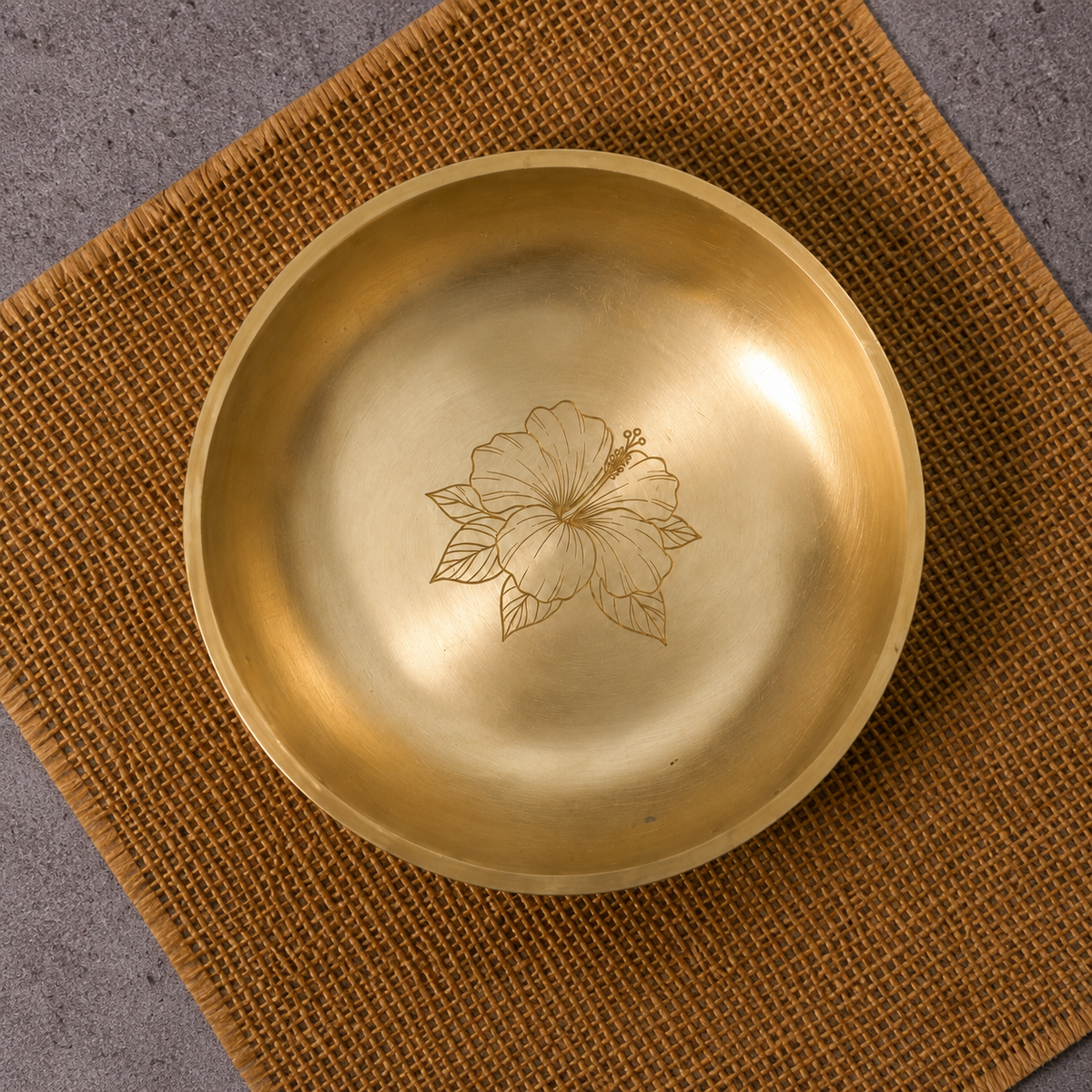 Ambi Hibiscus-Etched Pure Kansa Plate and Brass Spoon Gift Box | Set of 2