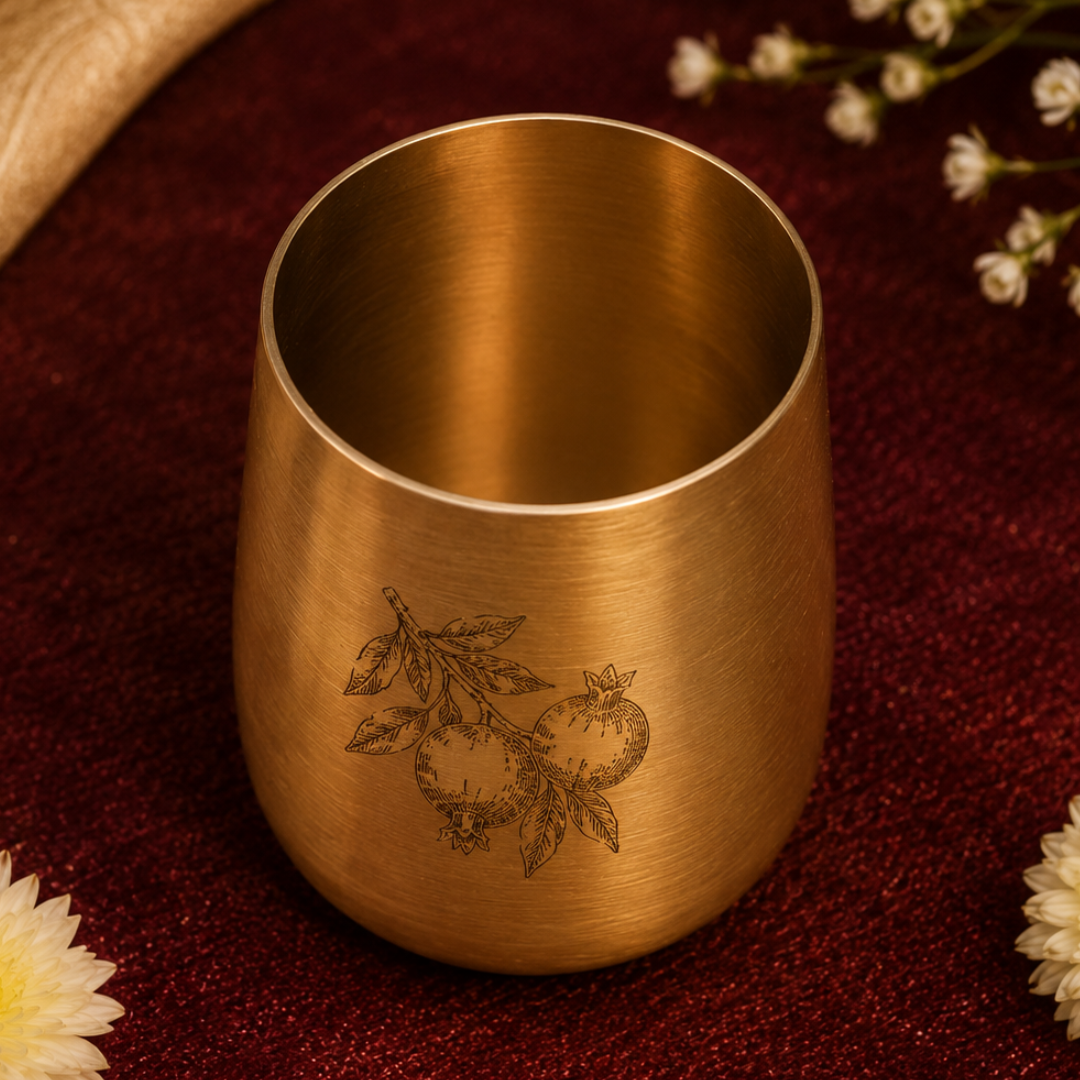Ambi Pure Brass Urban Style Glass With Pomegranate Hand Etched Design – Handcrafted Drinkware for Elegant Dining
