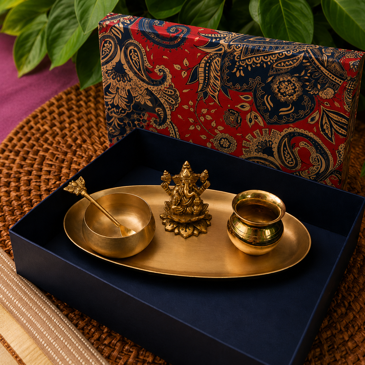 A brass Ganesha idol set presented in a dark blue tray with a matching decorative box behind it, styled on a woven mat with green leaves in the background.