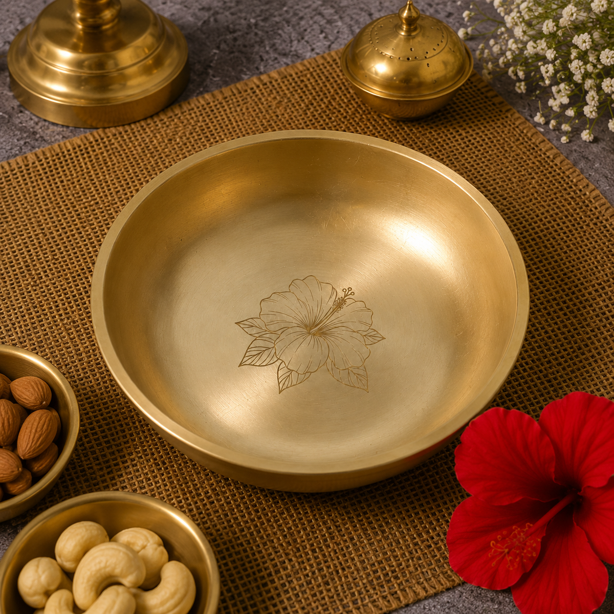 Ambi Hibiscus-Etched Pure Kansa Plate and Brass Spoon Gift Box | Set of 2